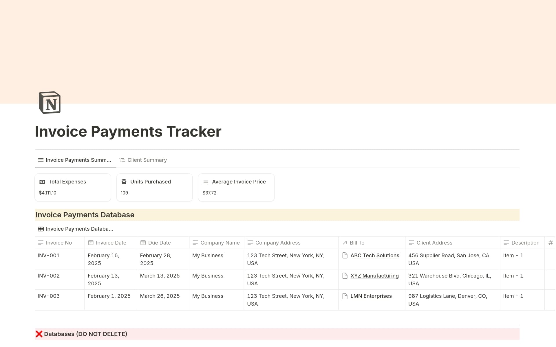 A template preview for Invoice Payments Tracker