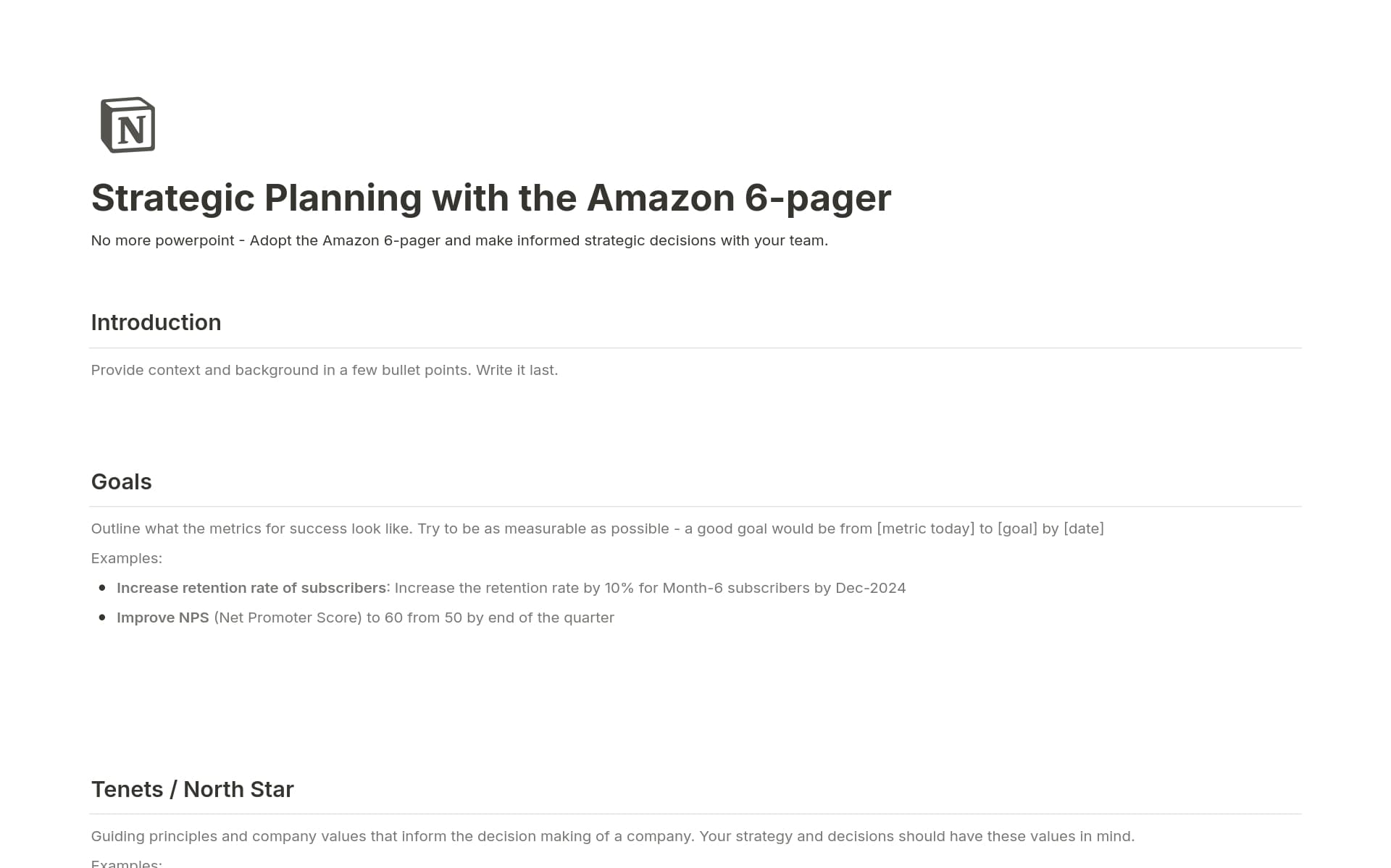 A template preview for Manage: Strategic Planning with Amazon 6-pager