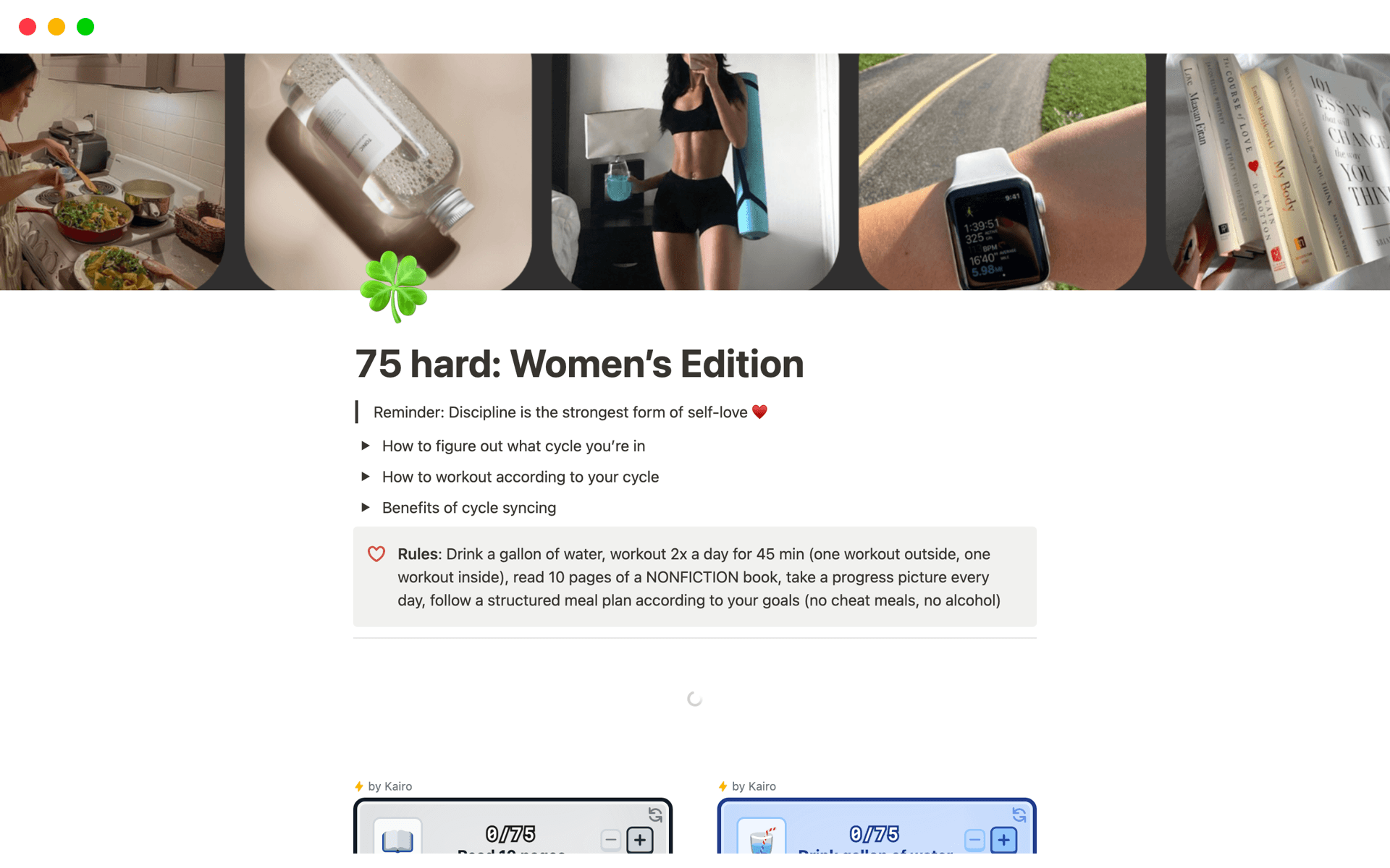 A template preview for 75 hard: Women’s Edition