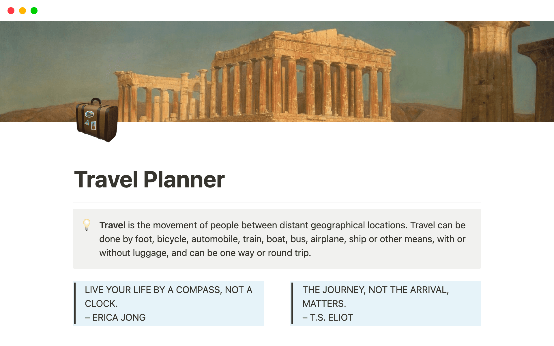 A template preview for Travel Planner and World Overview