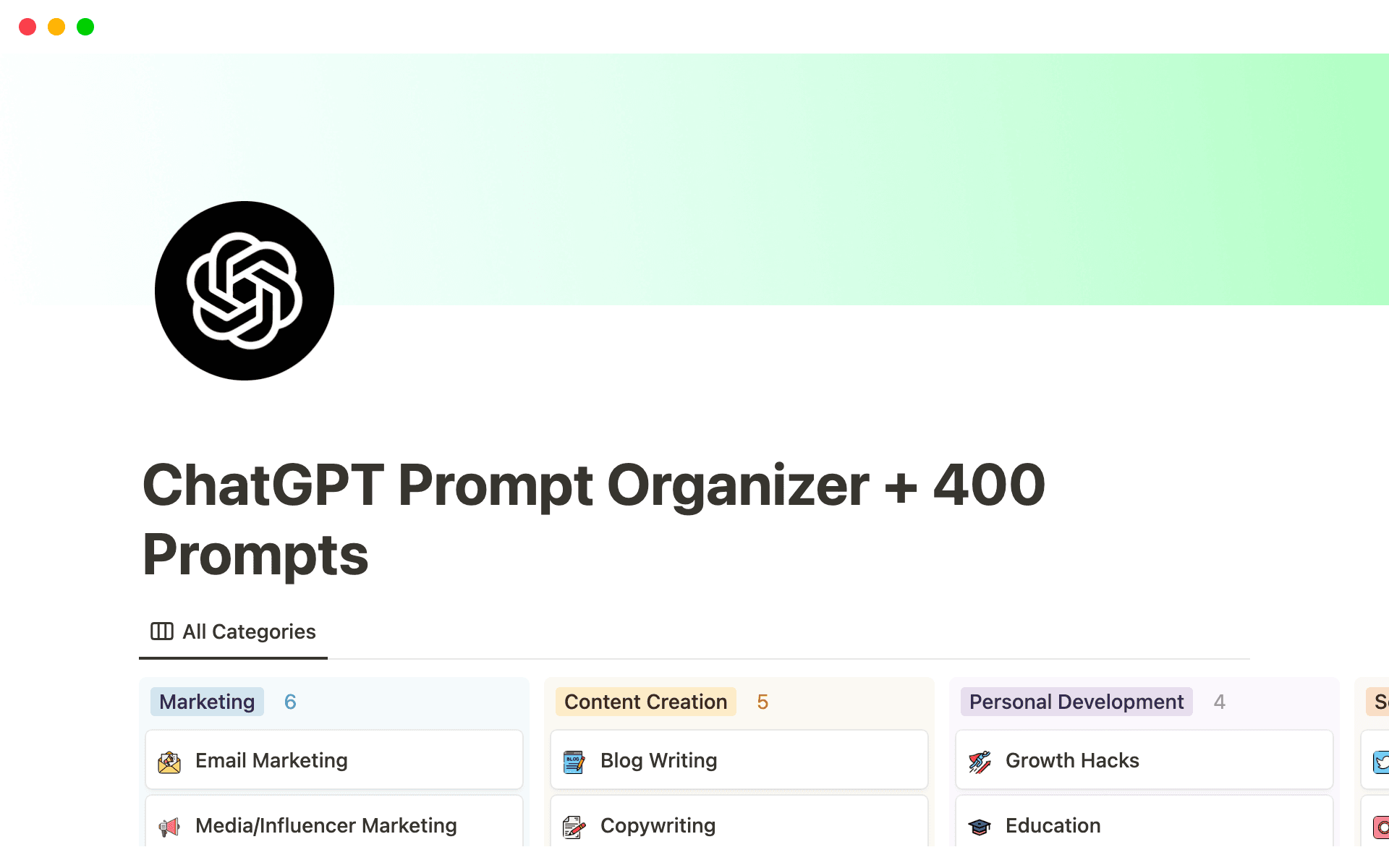 A template preview for ChatGPT Prompt Organizer