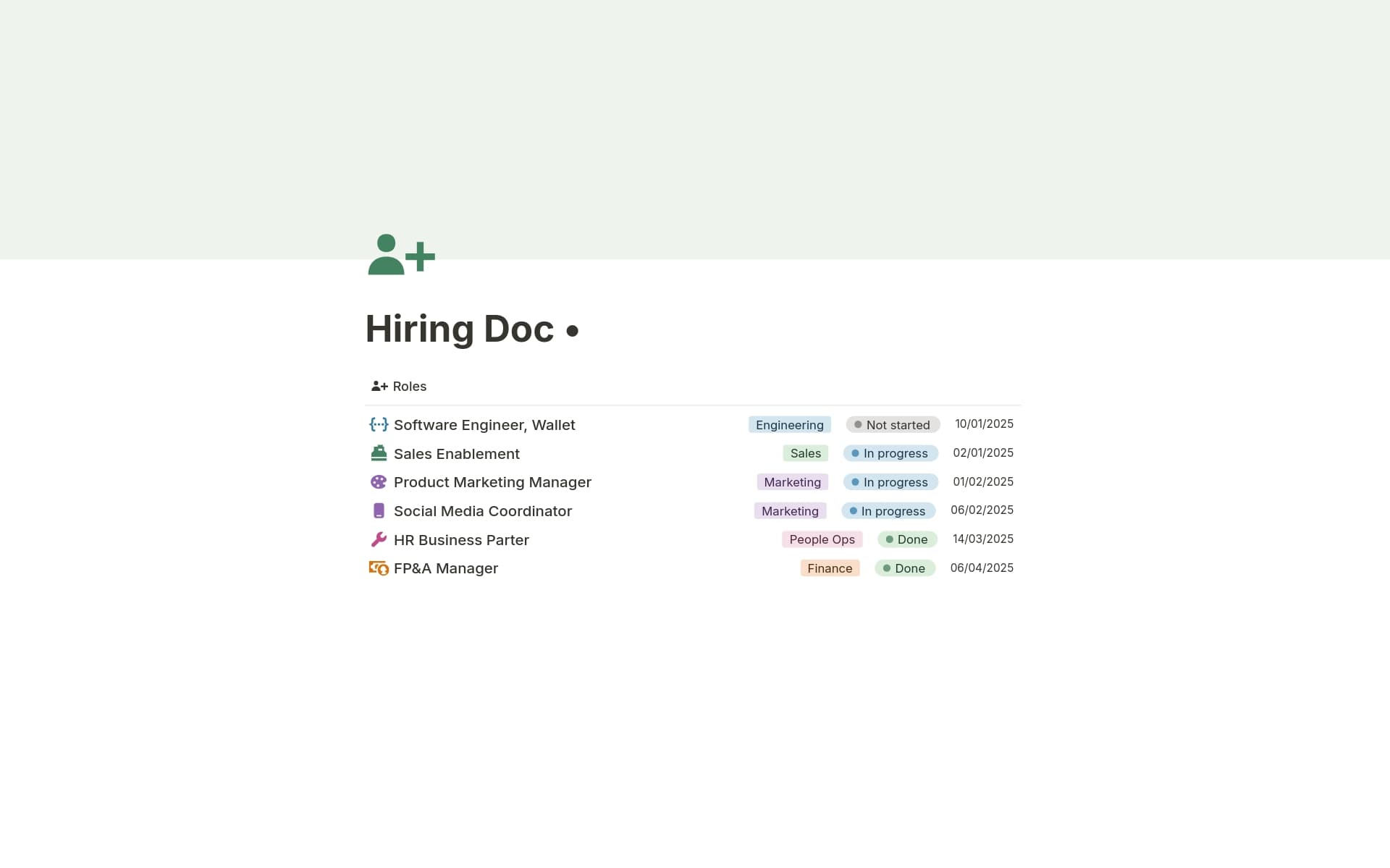 A template preview for Hiring Doc •