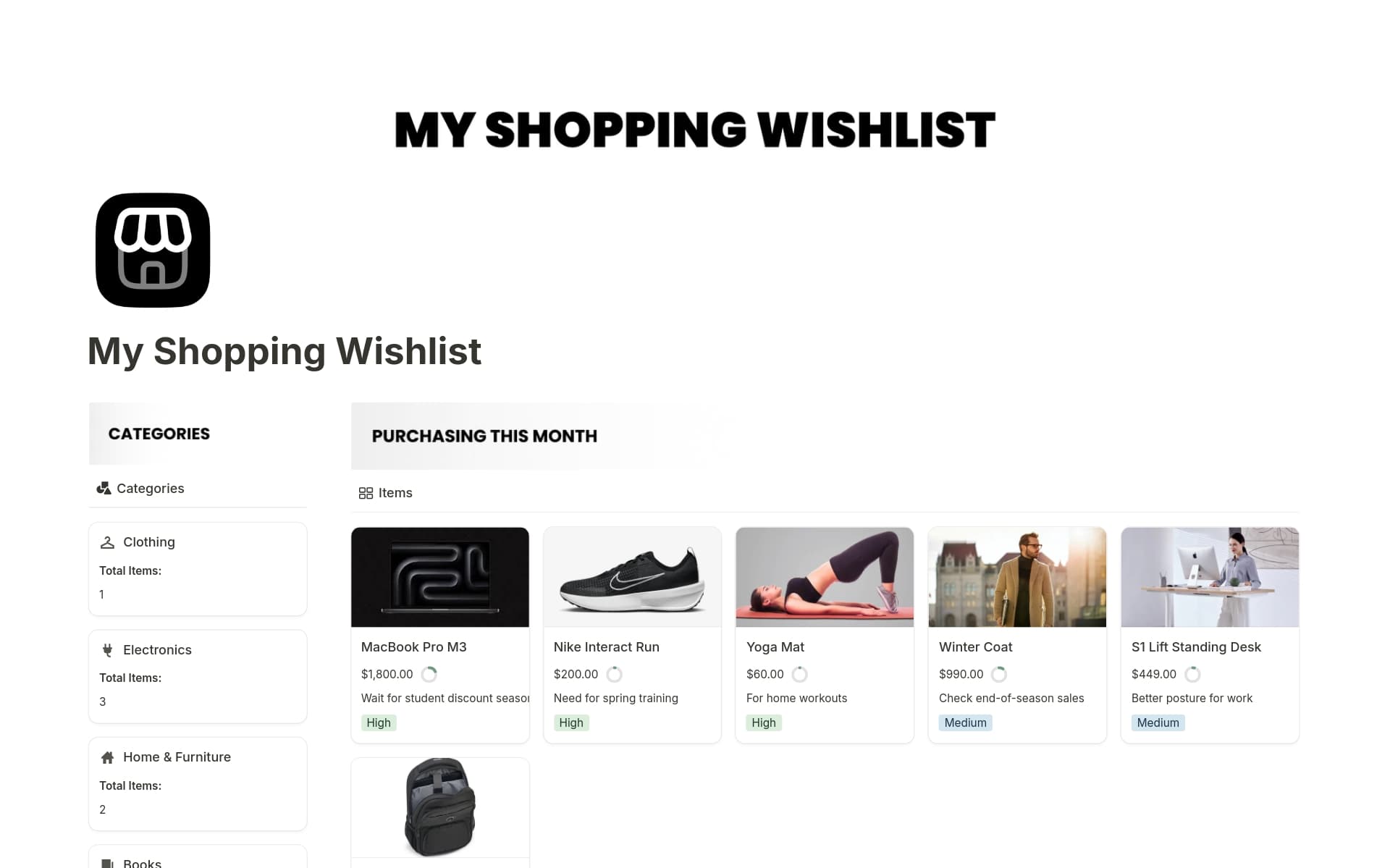 A template preview for My Shopping Wishlist