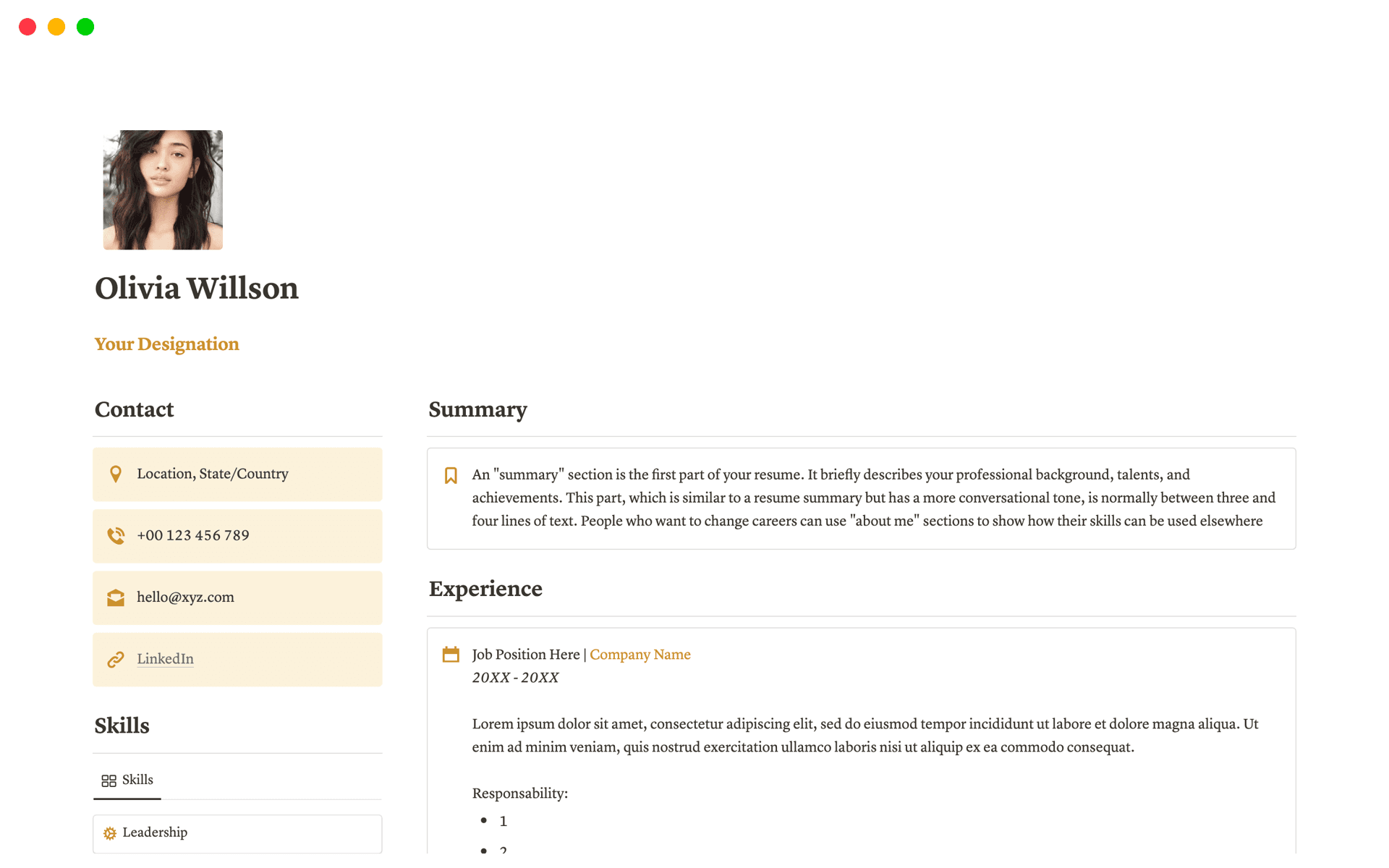 Impress potential employers with a sleek and professional presentation that sets you apart from the rest. Personalize your resume with customizable sections for skills, experiences, education, and more.
