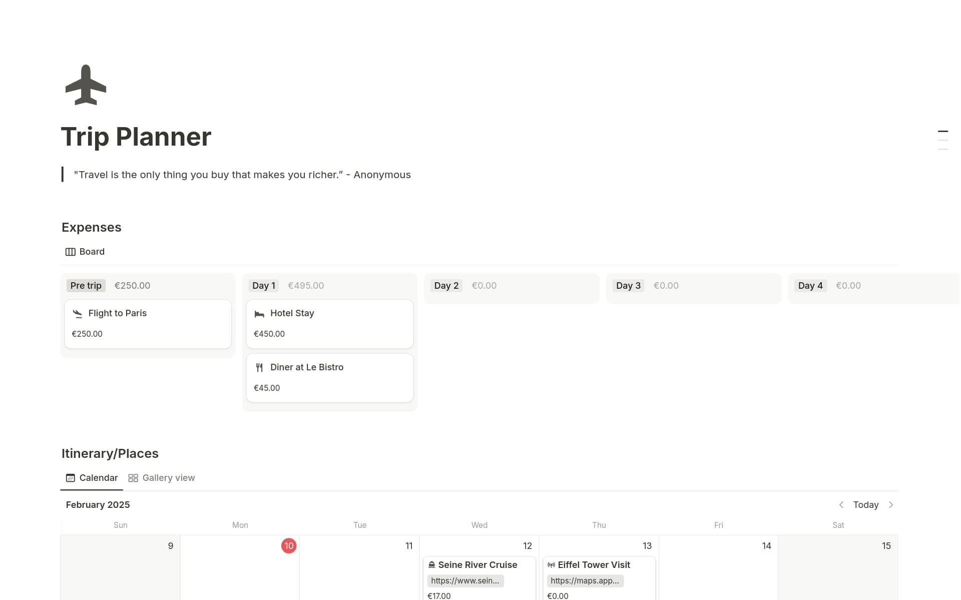 A template preview for Trip Planner