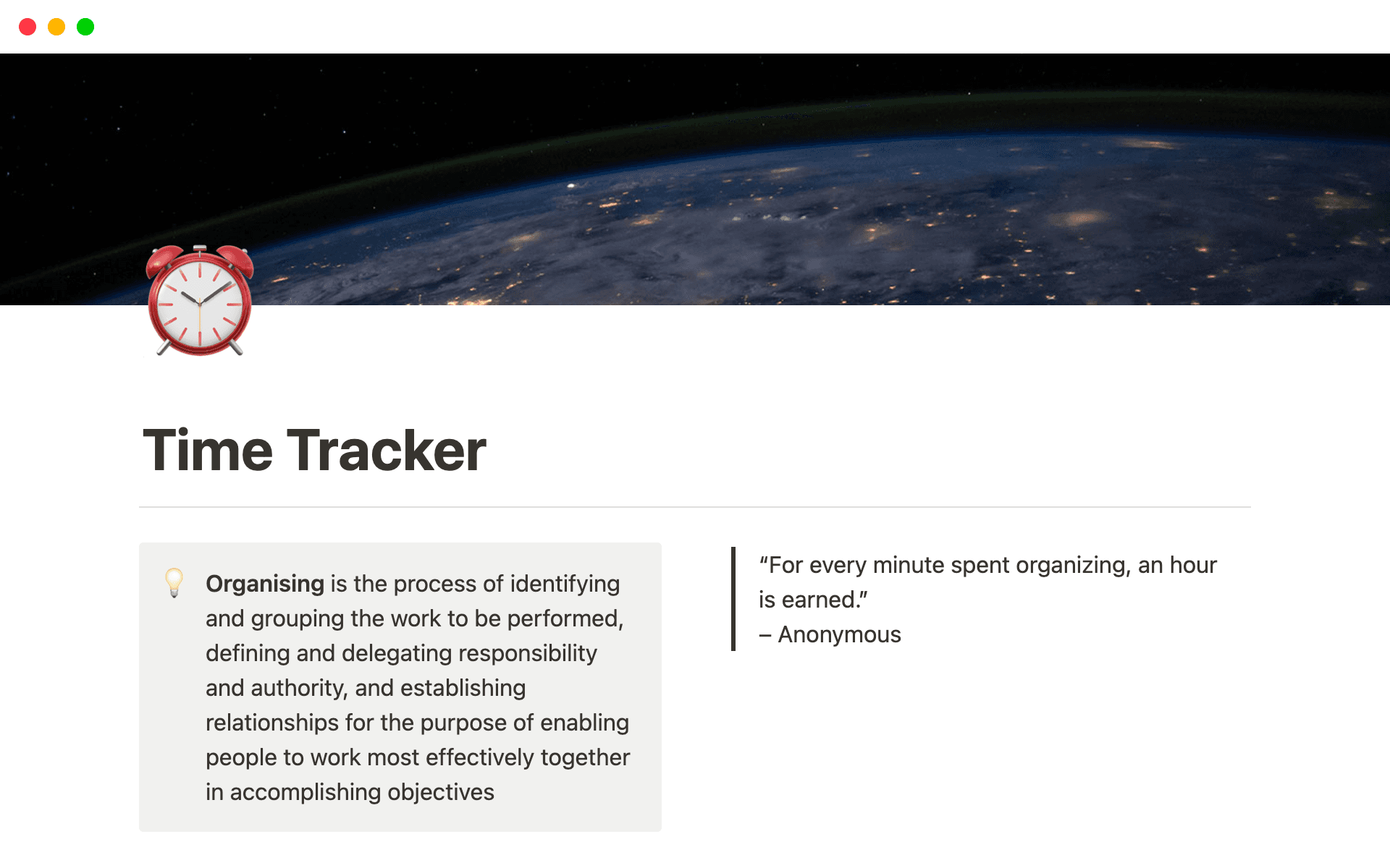 A template preview for Time Tracker