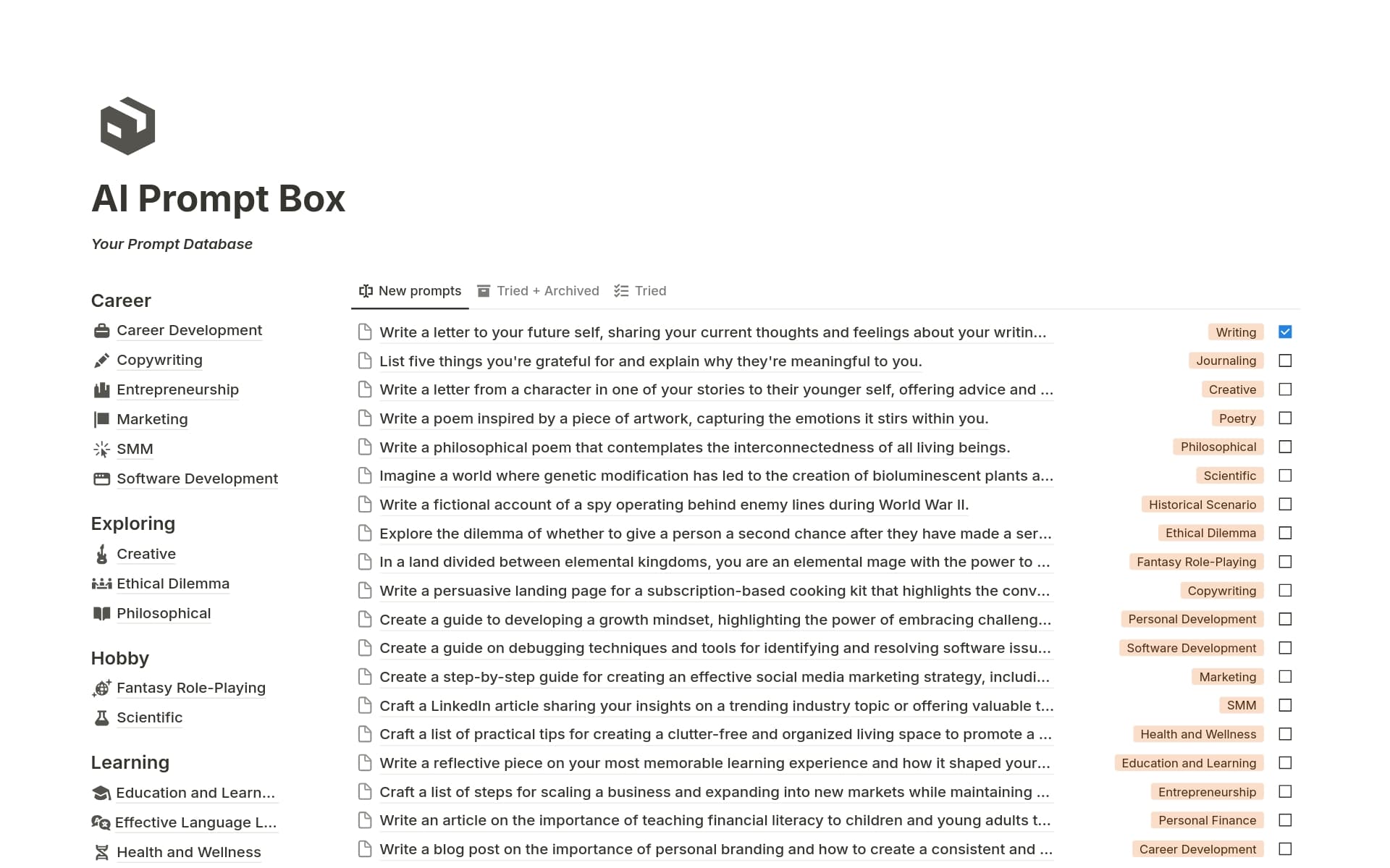 A template preview for AI Prompt Box