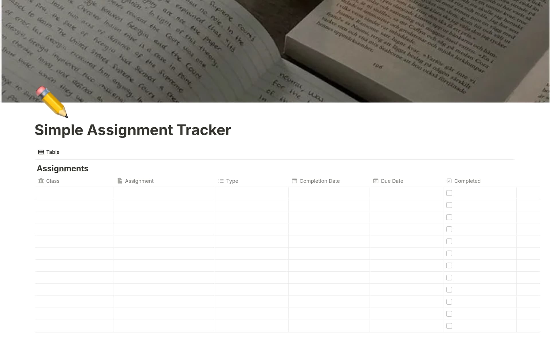 A template preview for Assignment Tracker