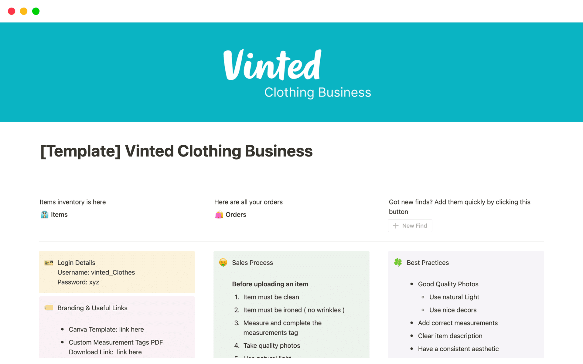 A template preview for Vinted Clothing Business