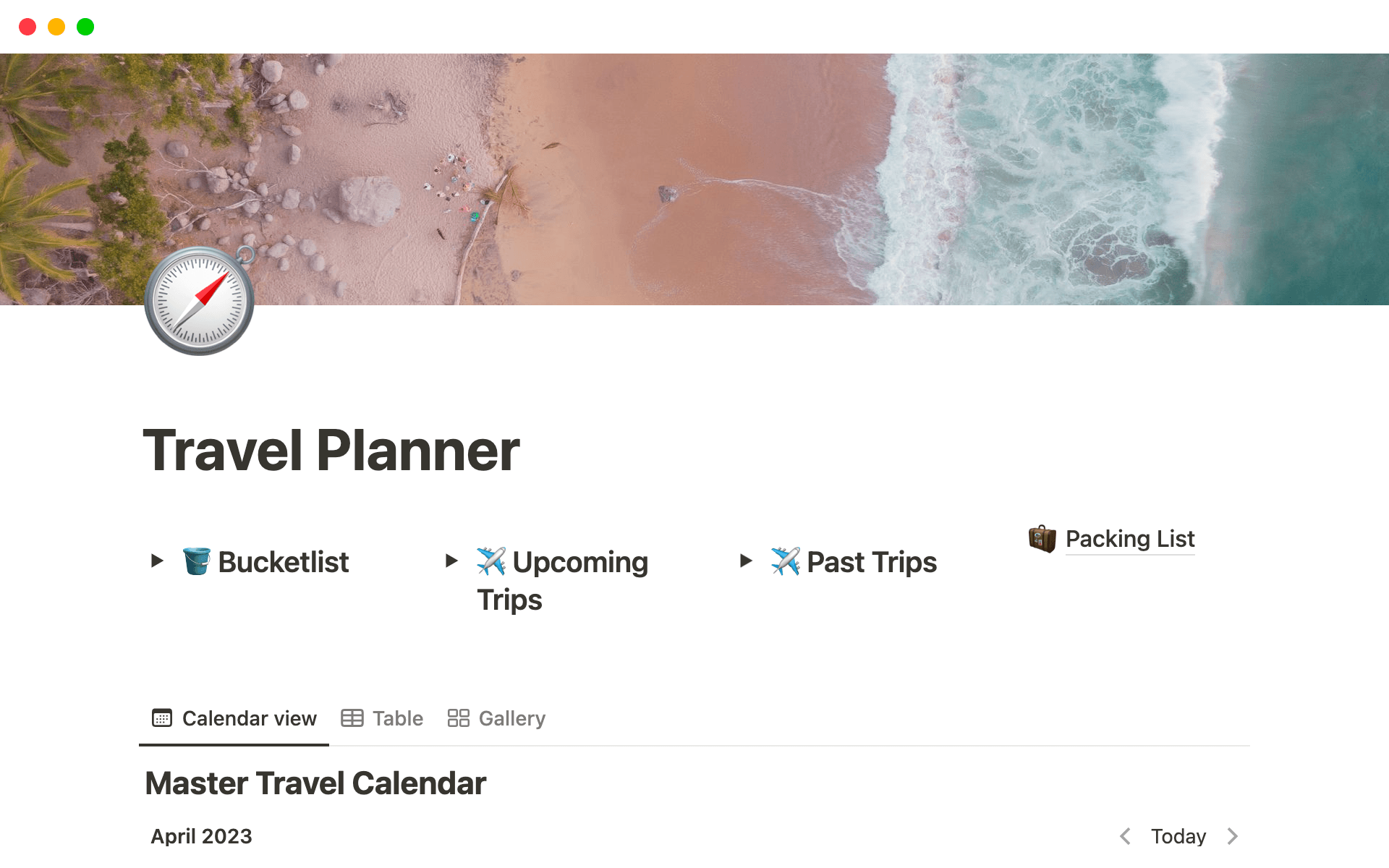 A template preview for Travel Planning Template