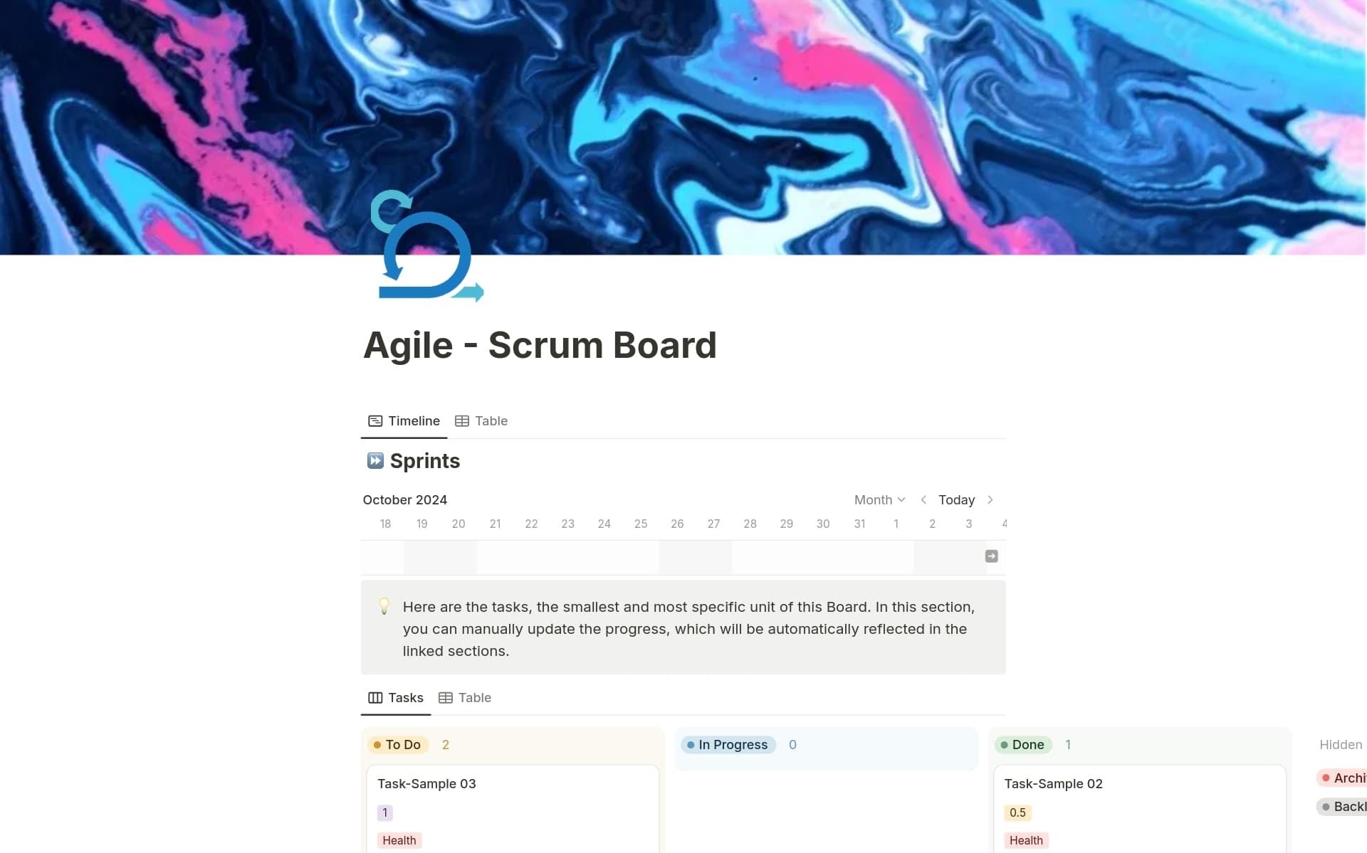A template preview for Agile - Scrum Board