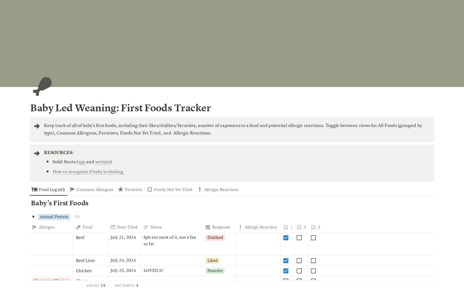 A template preview for Baby Led Weaning: First Foods Tracker