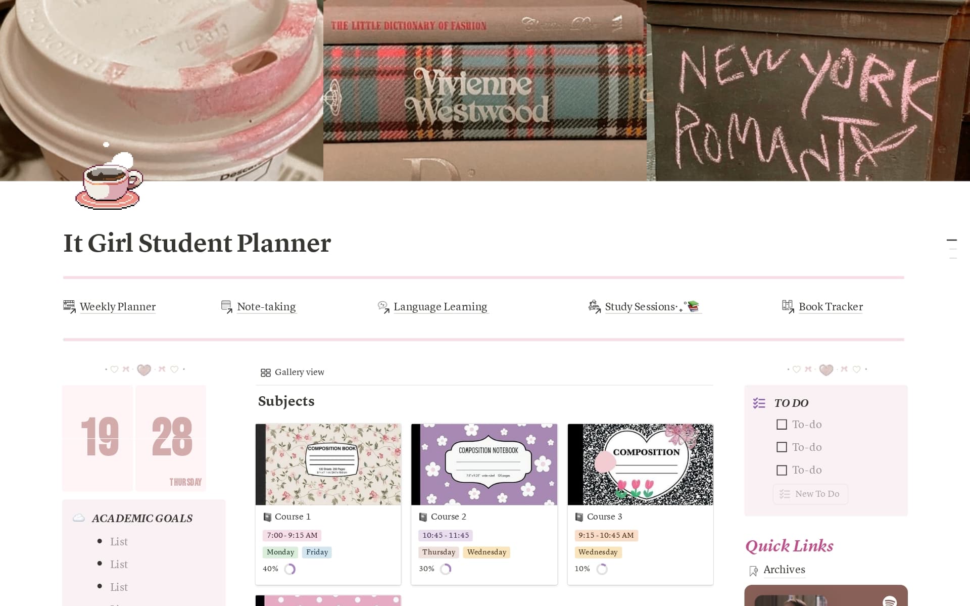 A template preview for It Girl Student Planner