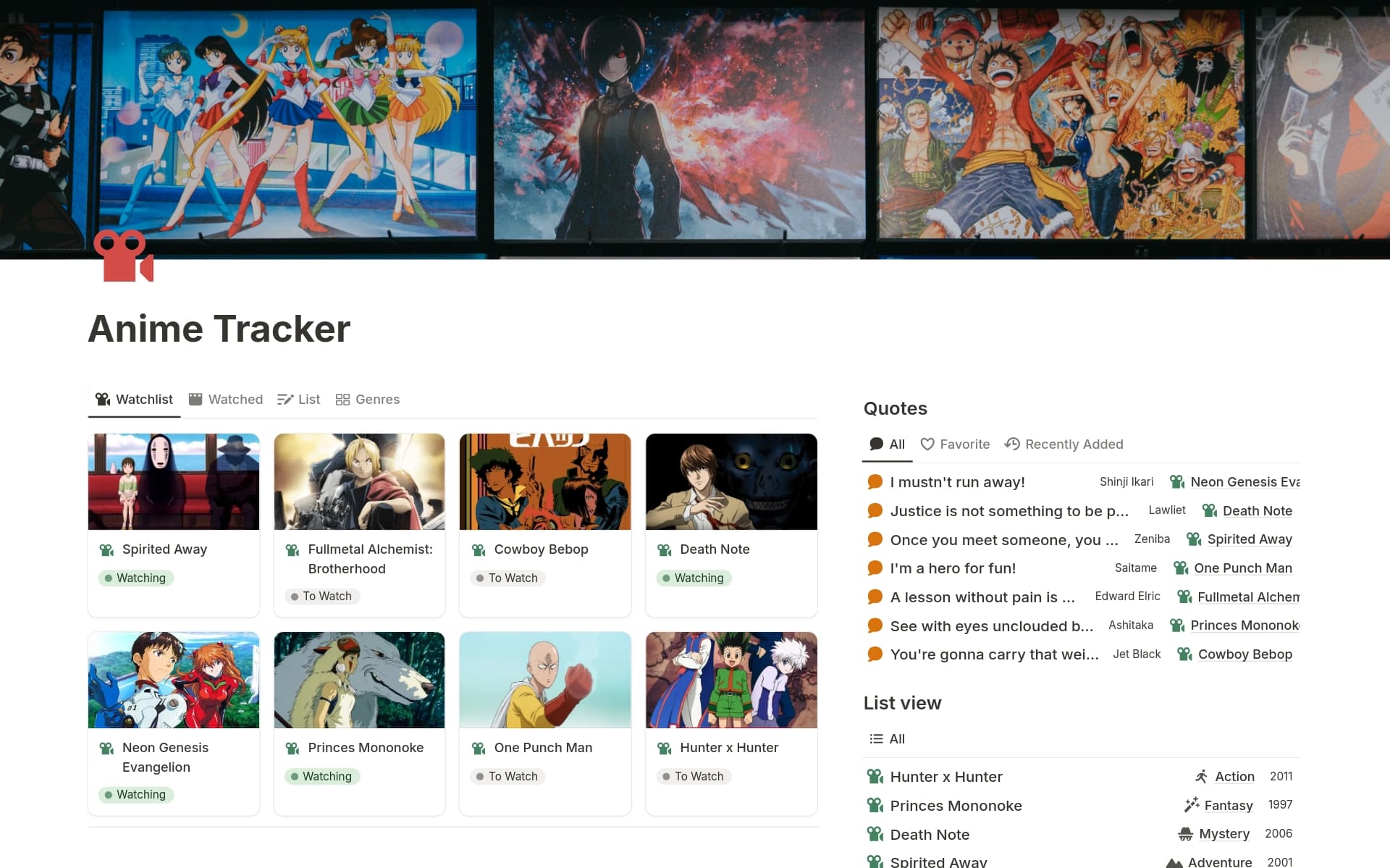 A template preview for Anime Tracker
