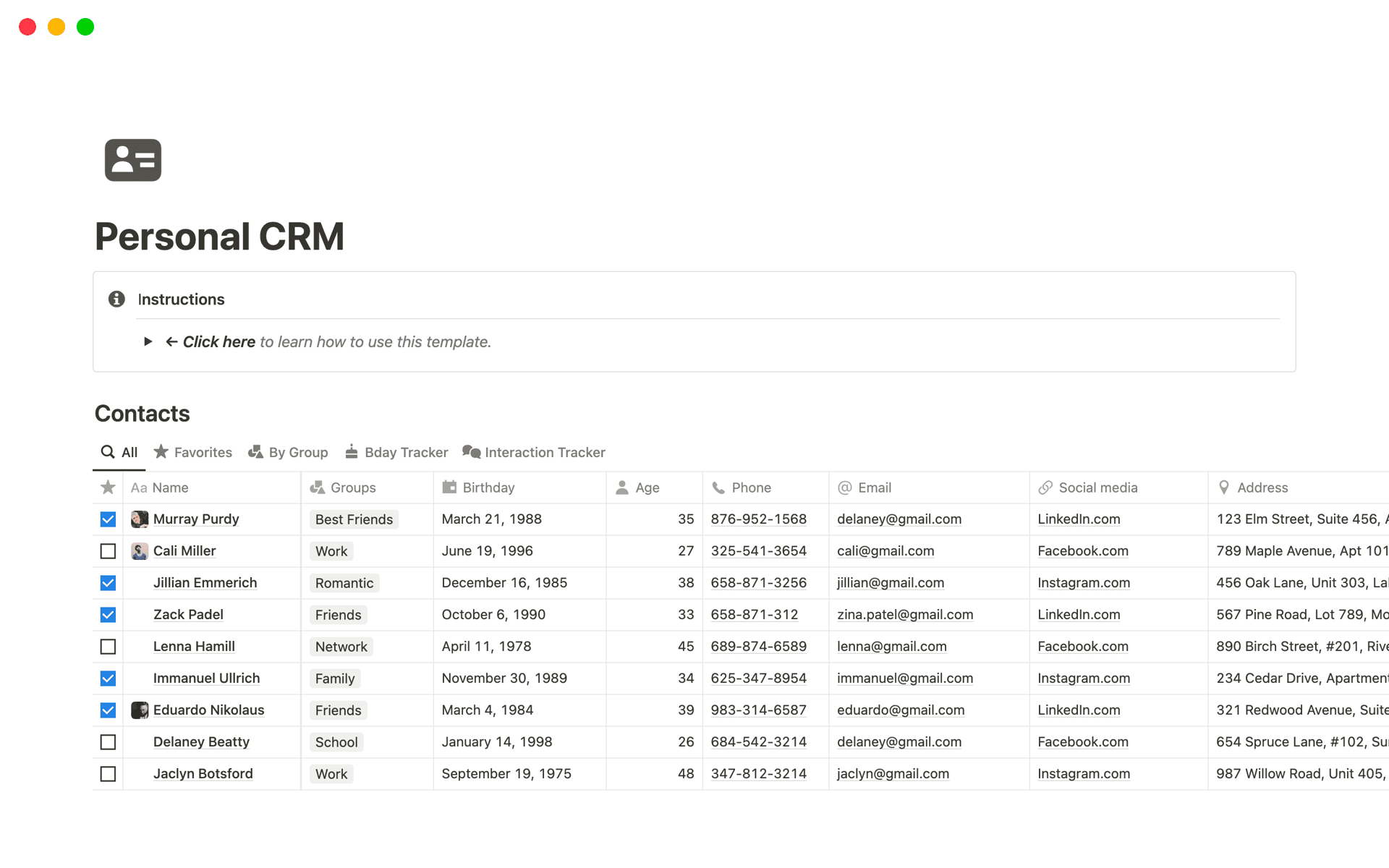 A template preview for Personal CRM