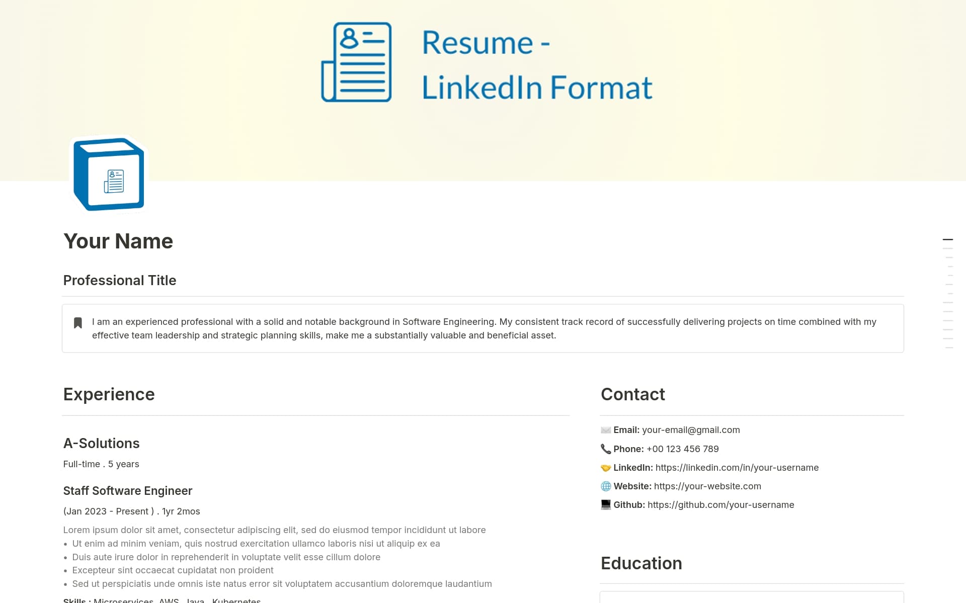 This comprehensive resume template is designed to mirror the professional layout and style of LinkedIn profiles. Perfect for showcasing your career highlights, skills, projects, achievements, and educational background, it offers a structured and visually appealing format.