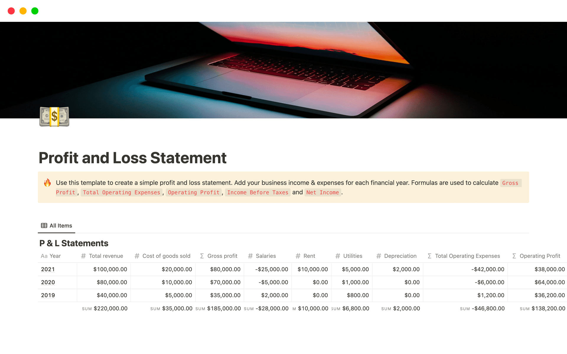 Track your business’s financial health with this profit and loss statement template. Record income and expenses, and automatically calculate key metrics like Gross Profit, Operating Profit, and Net Income. Perfect for clear and efficient financial tracking.