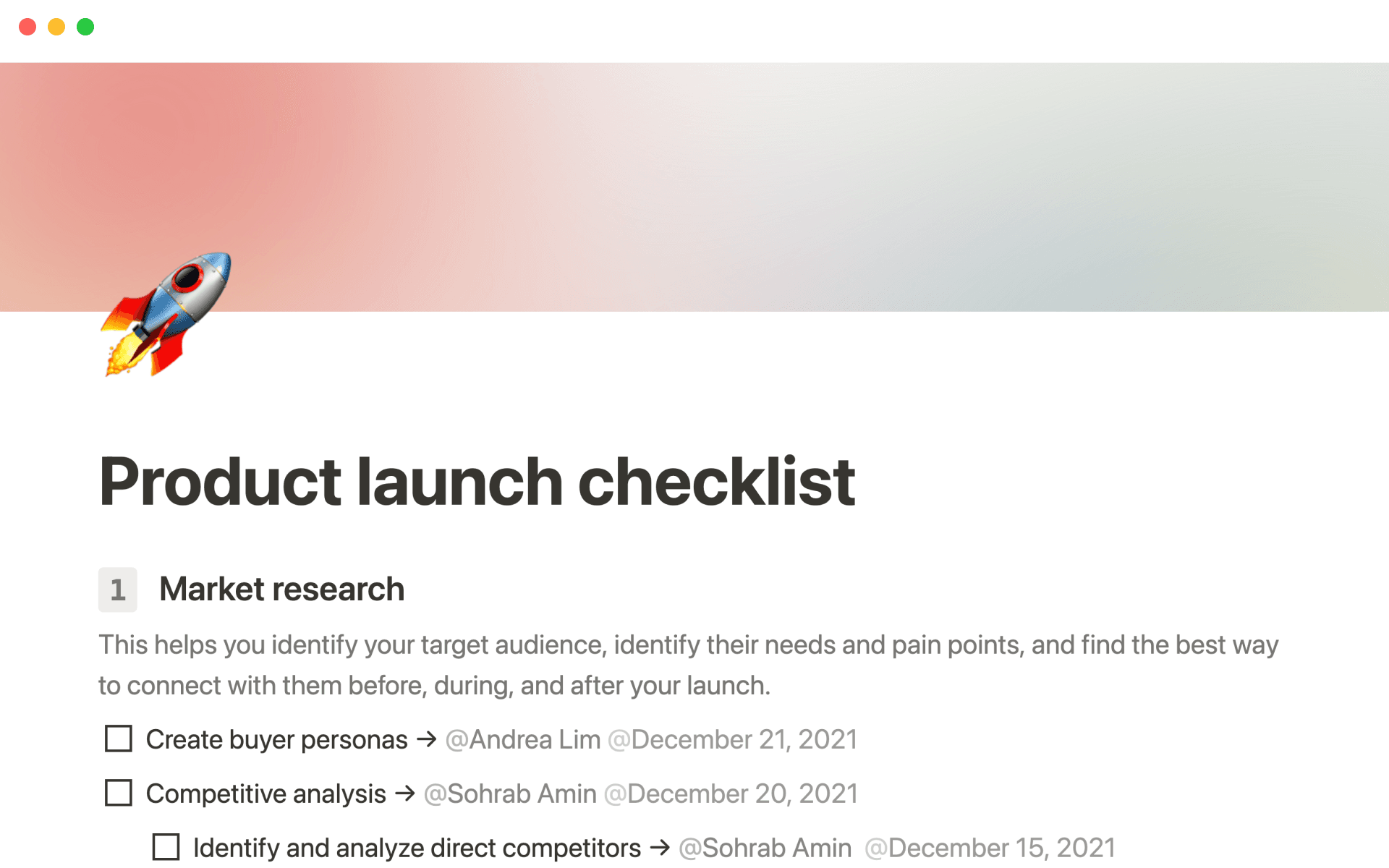 Eine Vorlagenvorschau für Product launch checklist