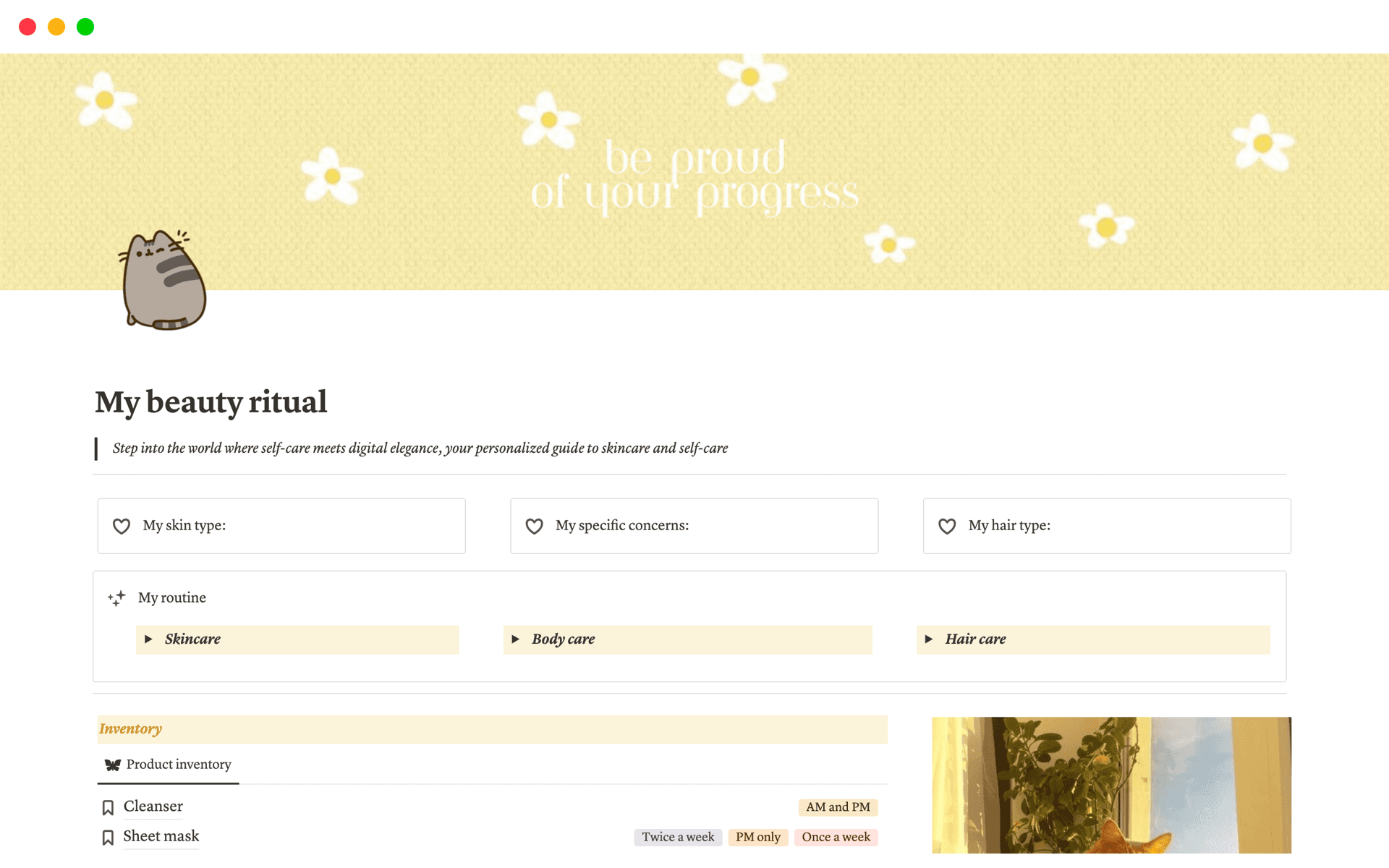 Welcome to Notion beauty ritual template! ✨Designed to help you unlock your inner radiance, this notion template is your personal guide to a more beautiful and confident you.