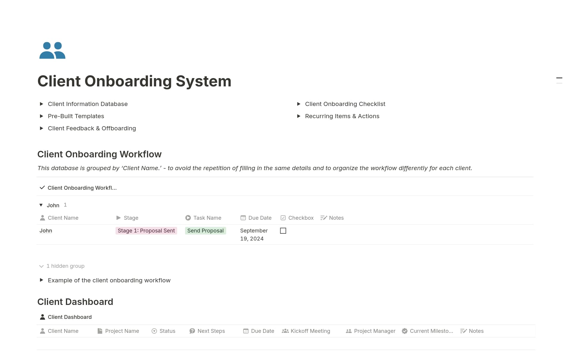 A template preview for Client Onboarding System
