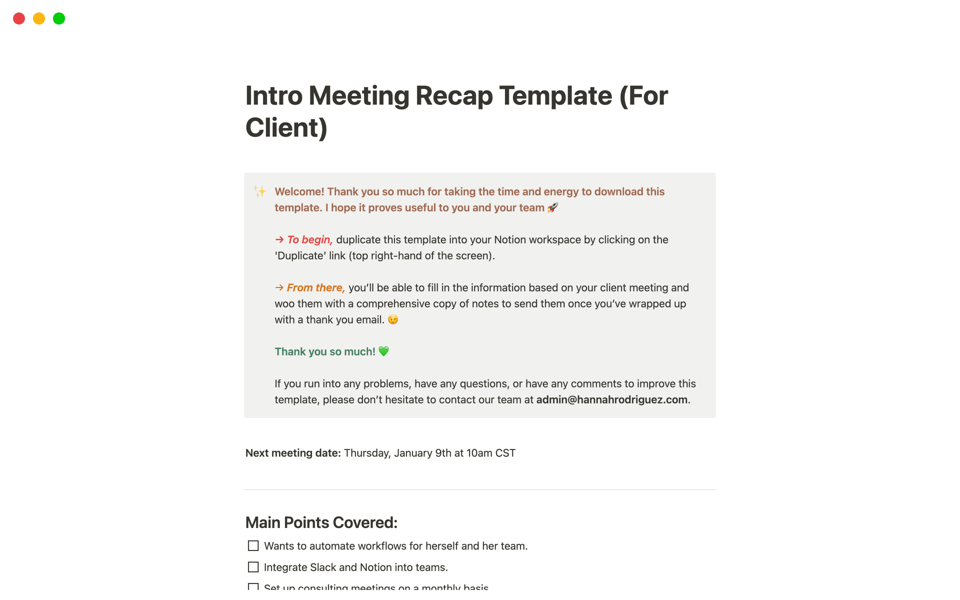 A template preview for Intro Meeting Recap (For Client)