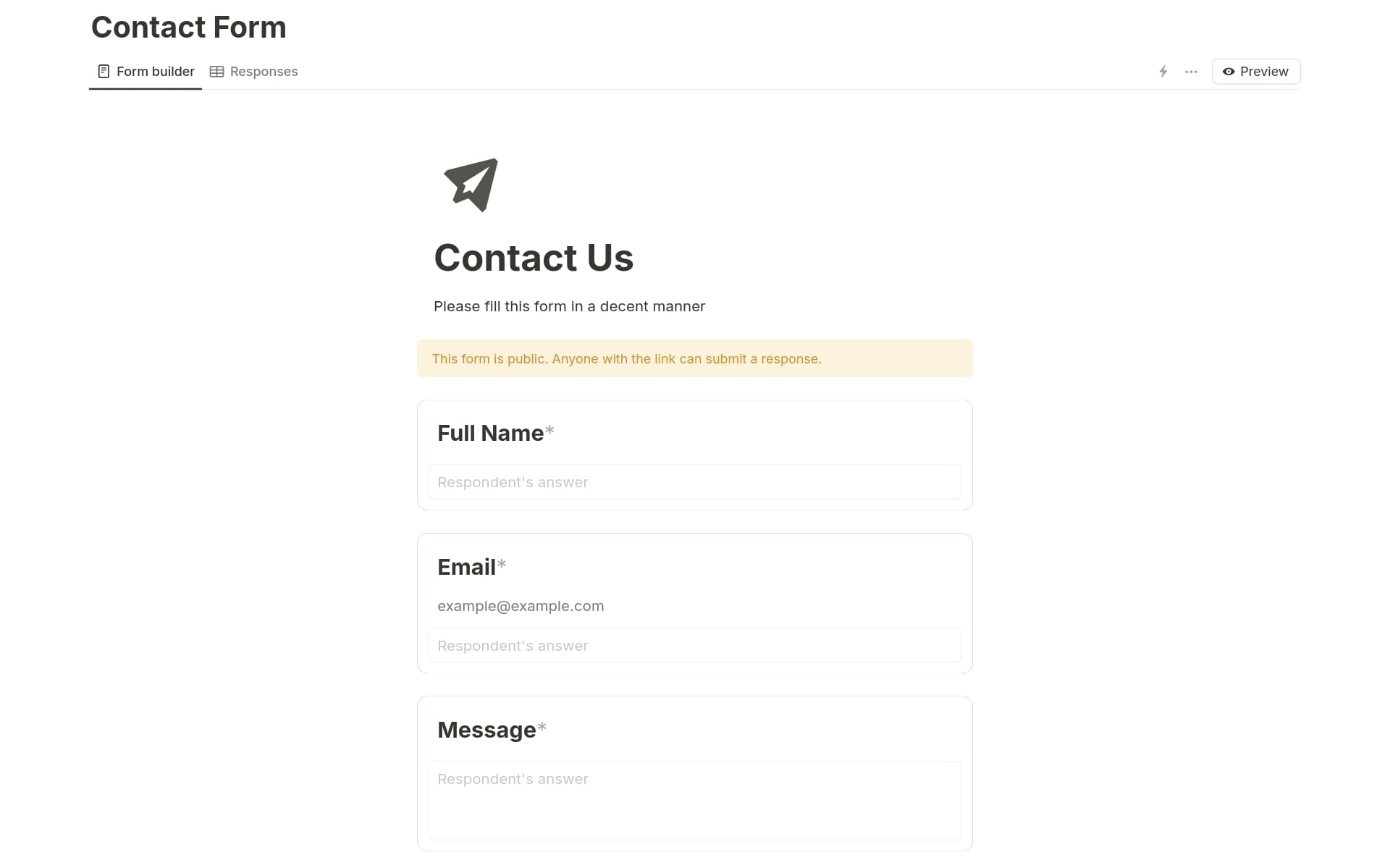This is a simple, user-friendly contact form designed to collect essential information from users, including their full name, email address, and message. It enables easy communication between users and the website owner.