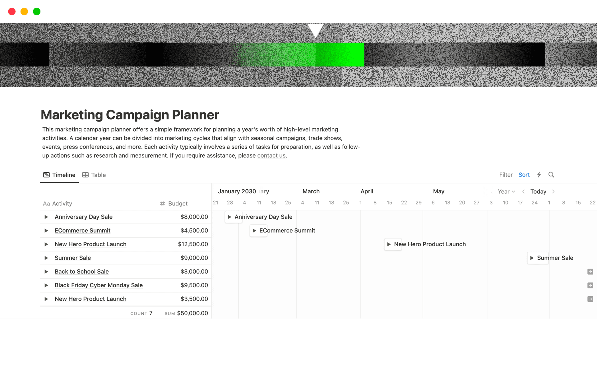 A template preview for StartOps: Marketing Campaign Planner