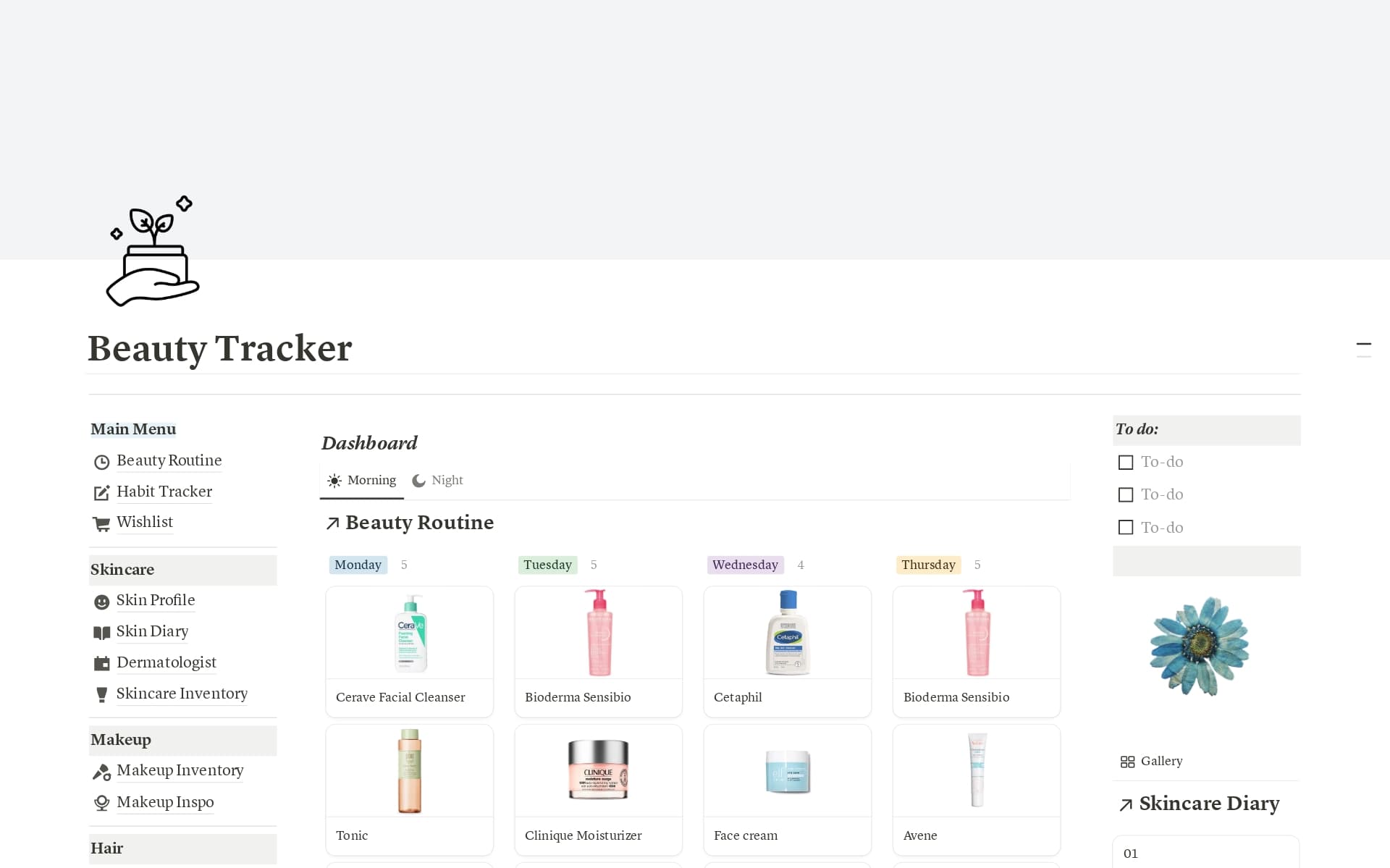 A template preview for Skincare Tracker, Beauty Routine, Makeup Organizer