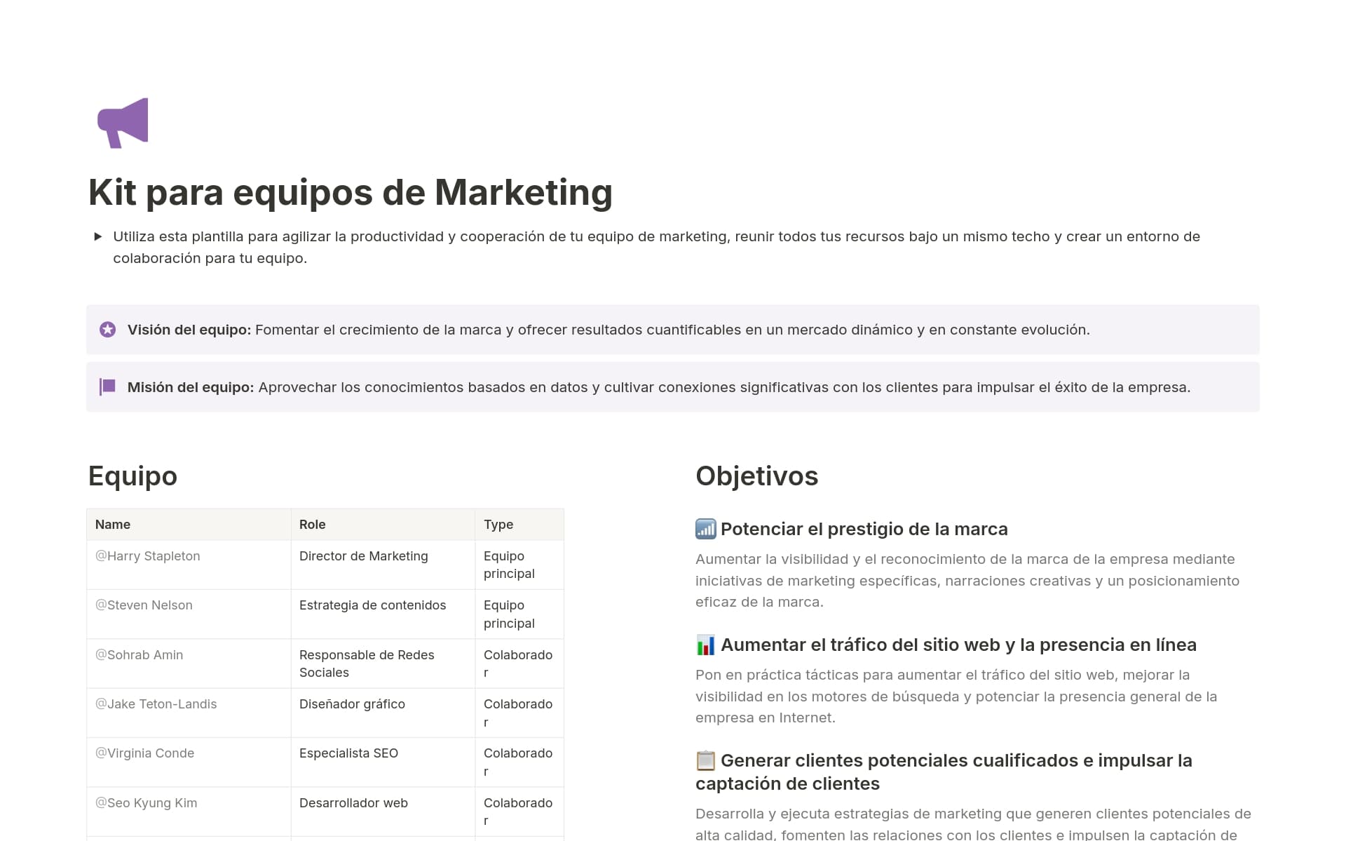 Vista previa de plantilla para Kit para equipos de Marketing