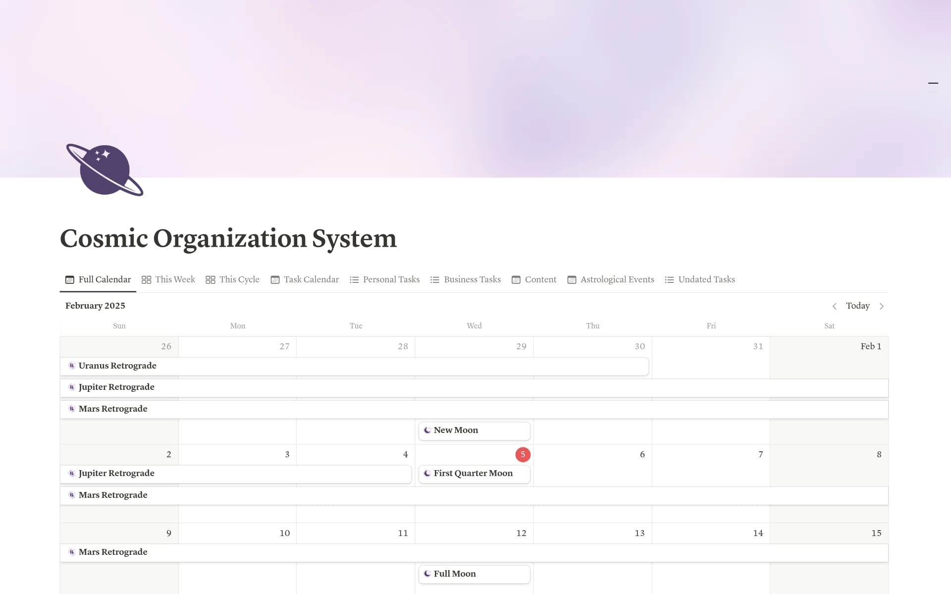 A template preview for Astrology Task Management Calendar