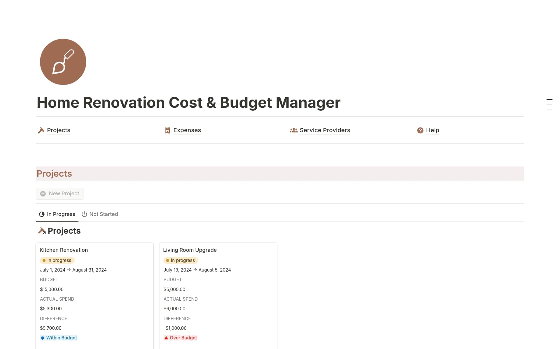 Are you planning a home renovation and struggling to keep track of expenses and stay within budget? This template is the perfect solution for you! Manage projects, expenses, and service providers easily and monitor your budget.