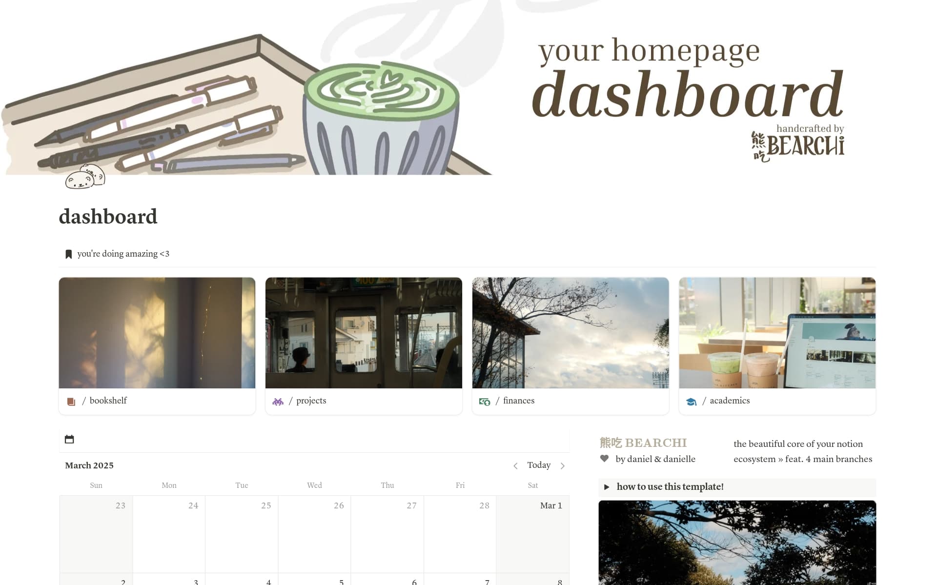 A template preview for aesthetic homepage dashboard