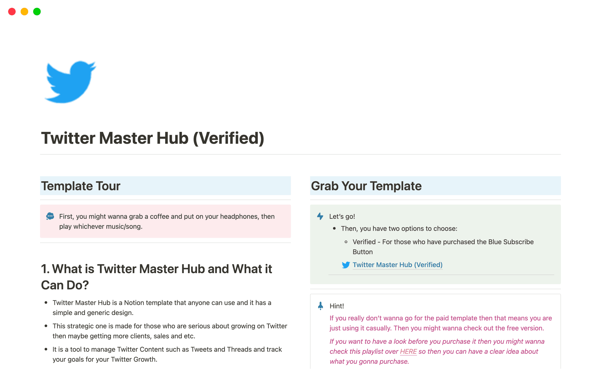 A template preview for Twitter Master Hub (Verified)
