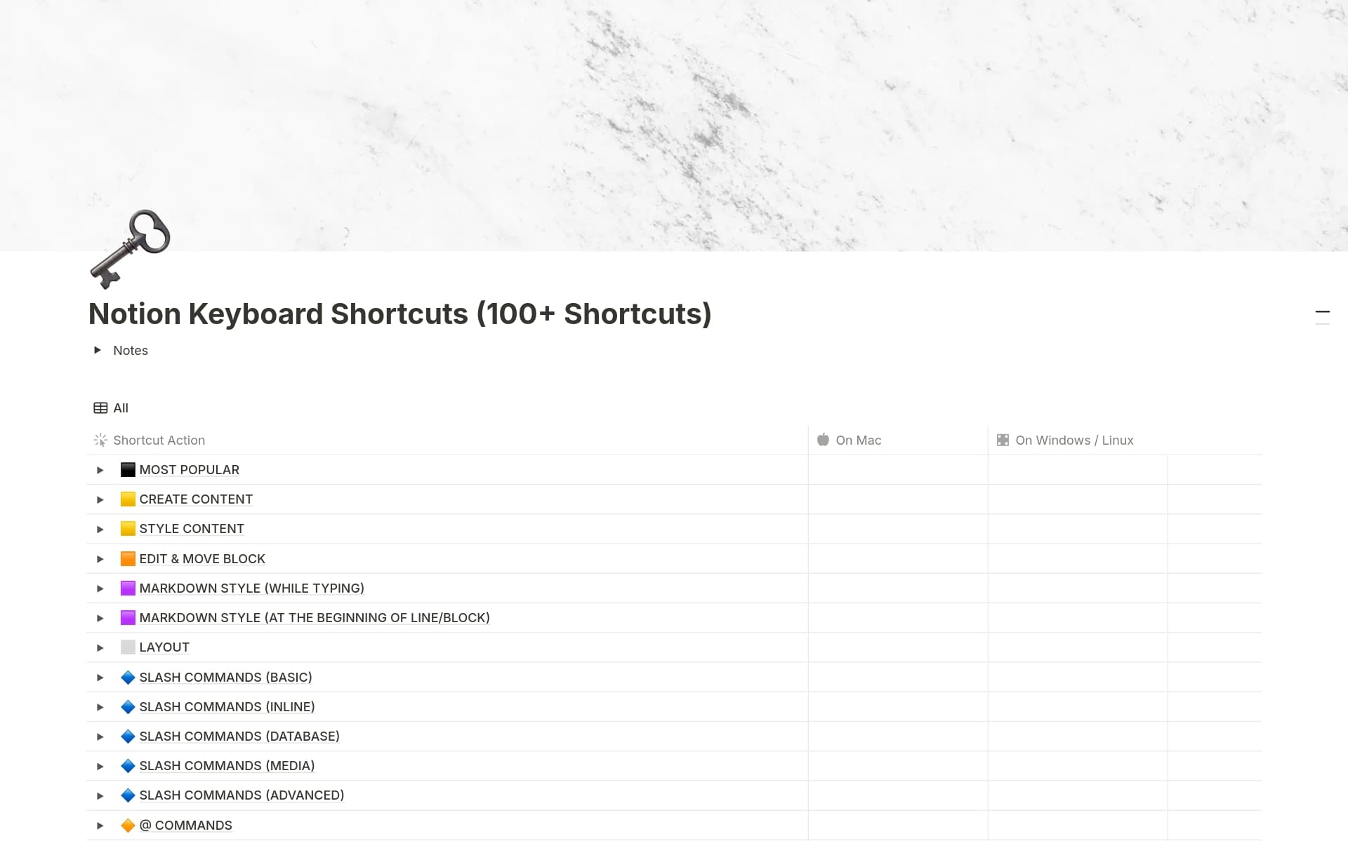 A template preview for Notion Keyboard Shortcuts (100+ Shortcuts)