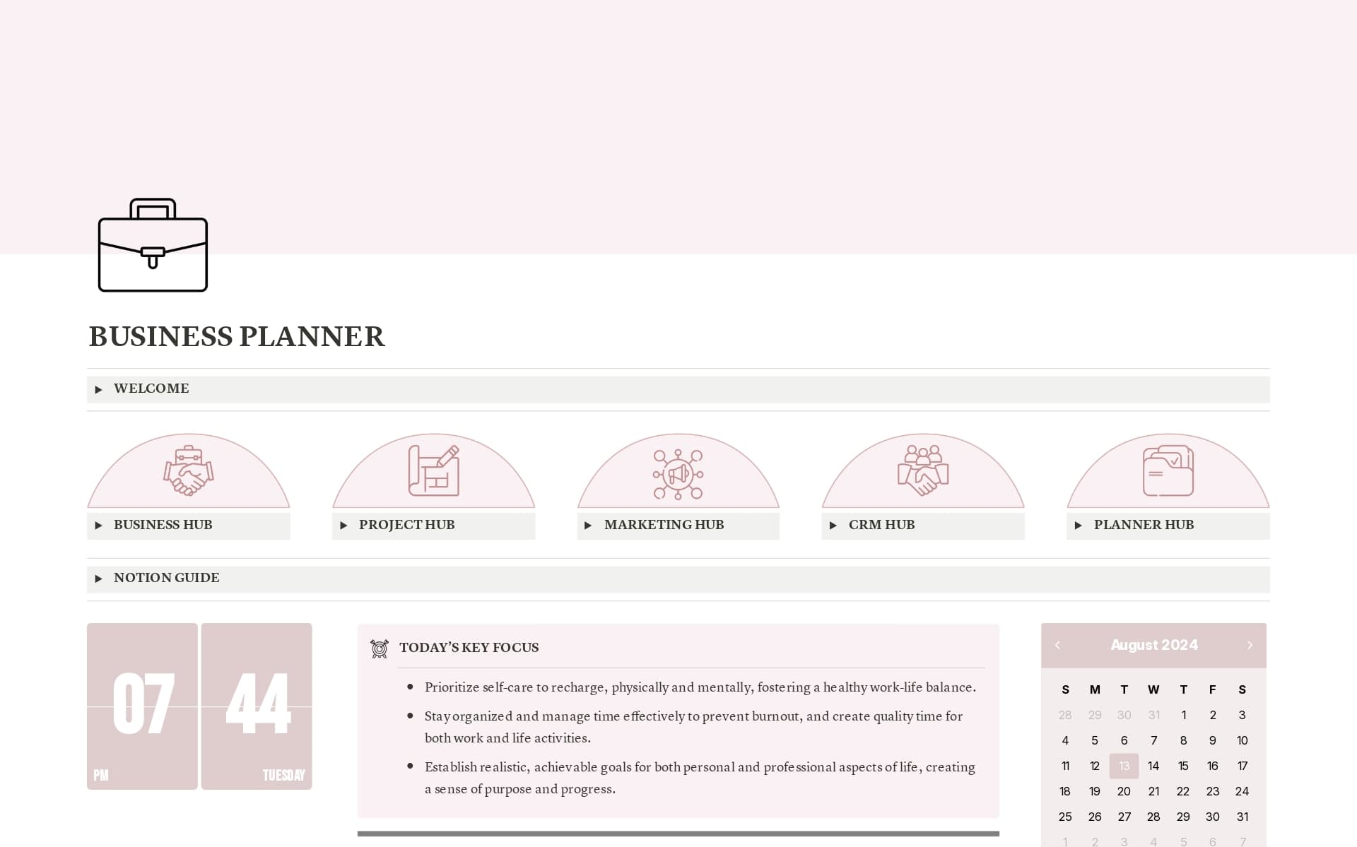 A template preview for Elegant Pink Buisness Management