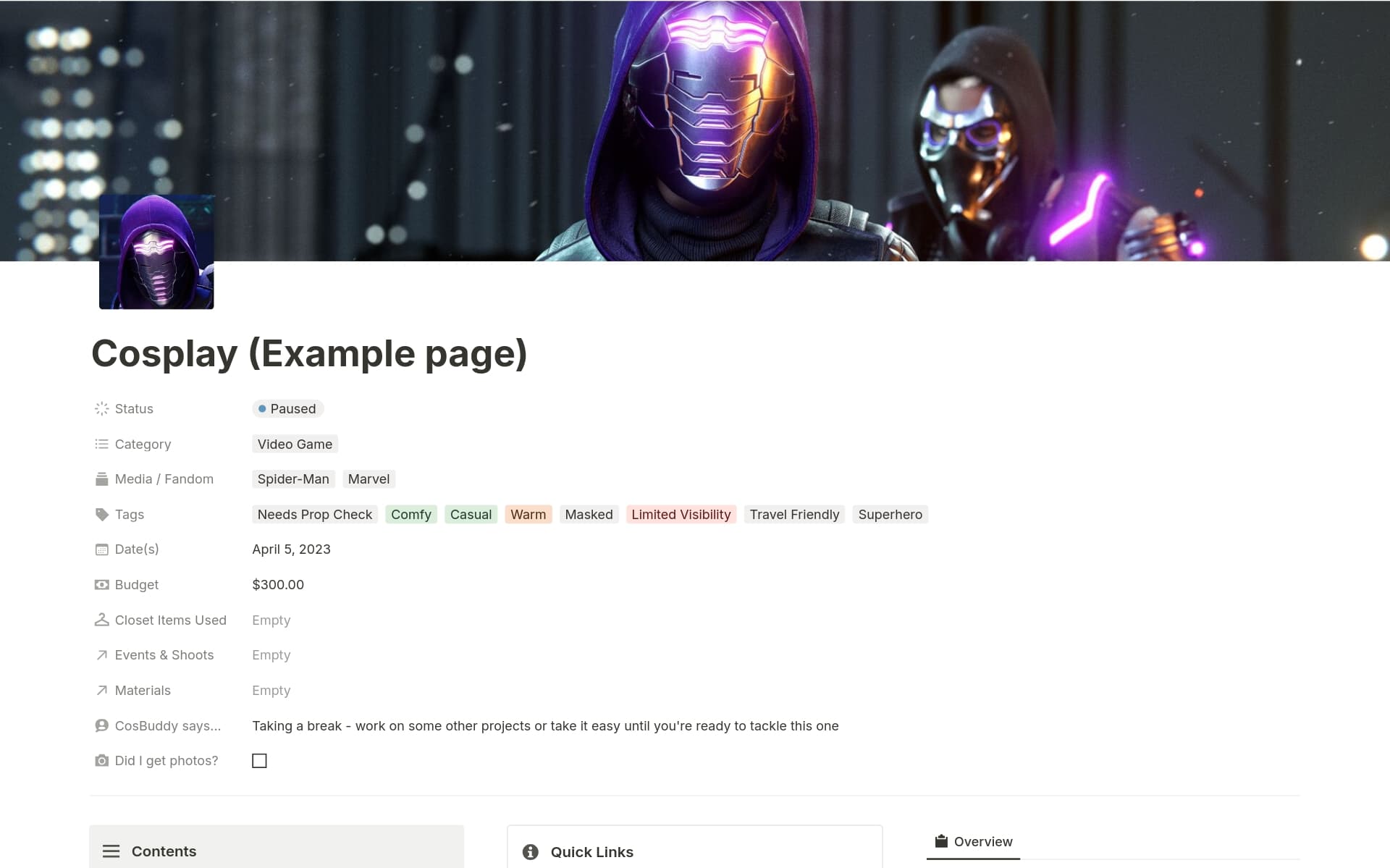 A template preview for Ultimate Cosplay Tracker