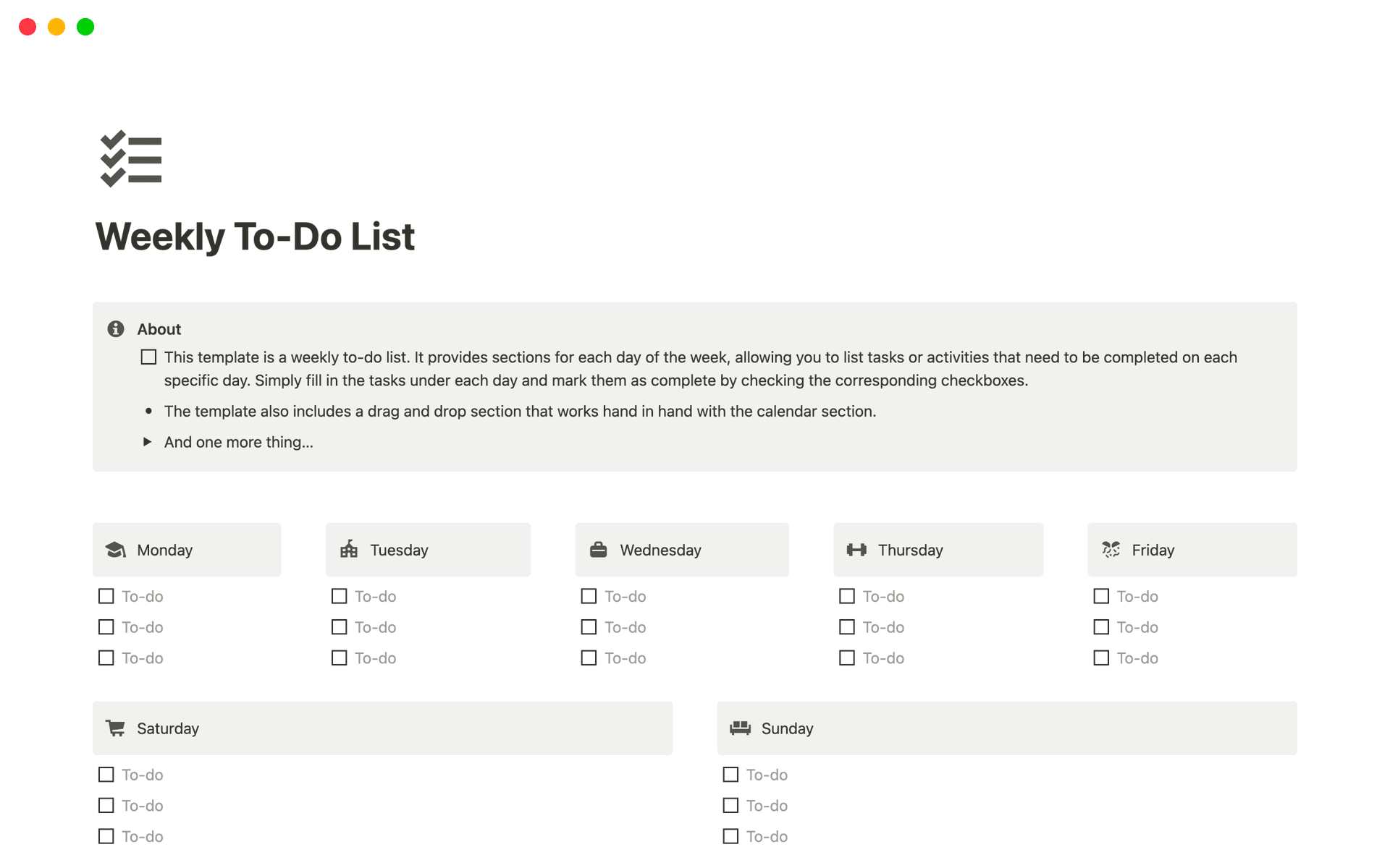 A template preview for Weekly To-Do List