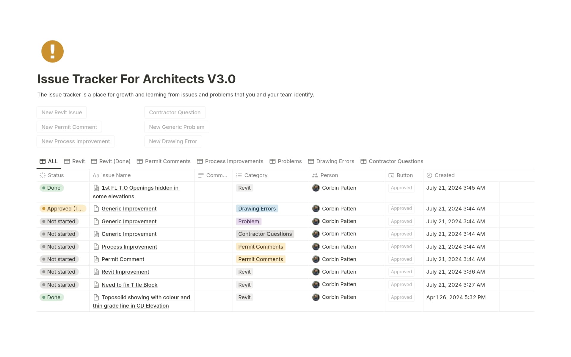 A template preview for Issue Tracker For Architects V3.0