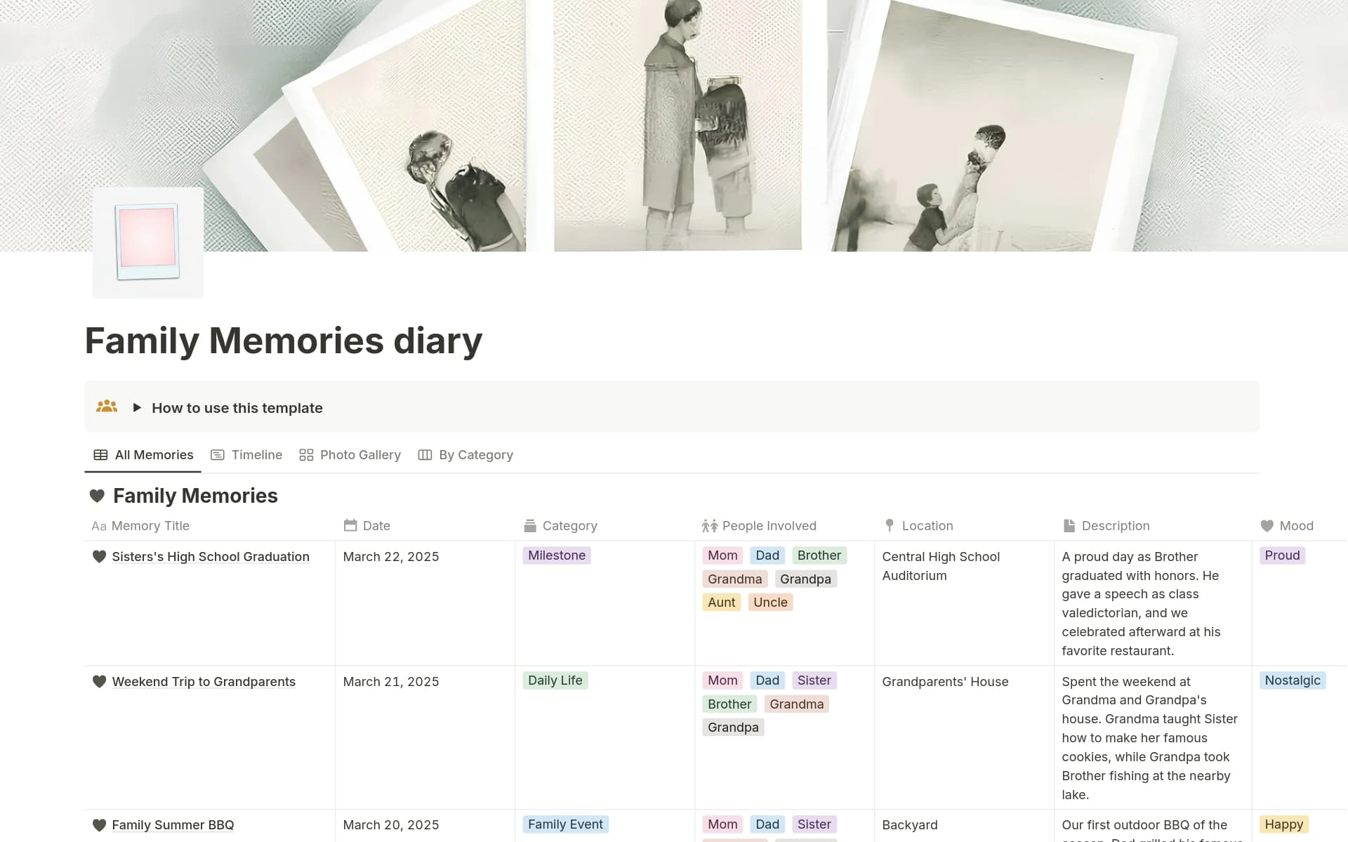 Family Memories is a convenient Notion template that helps you save, organize, and easily find important memories of your family. It's a digital family album where every event, big or small, finds its place and is never forgotten.