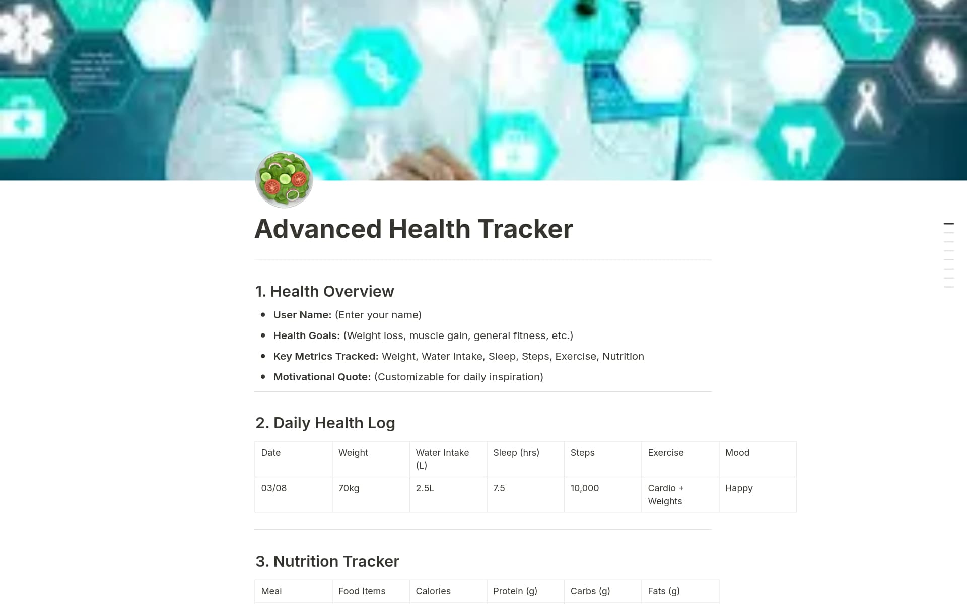 A template preview for Advanced Health Tracker