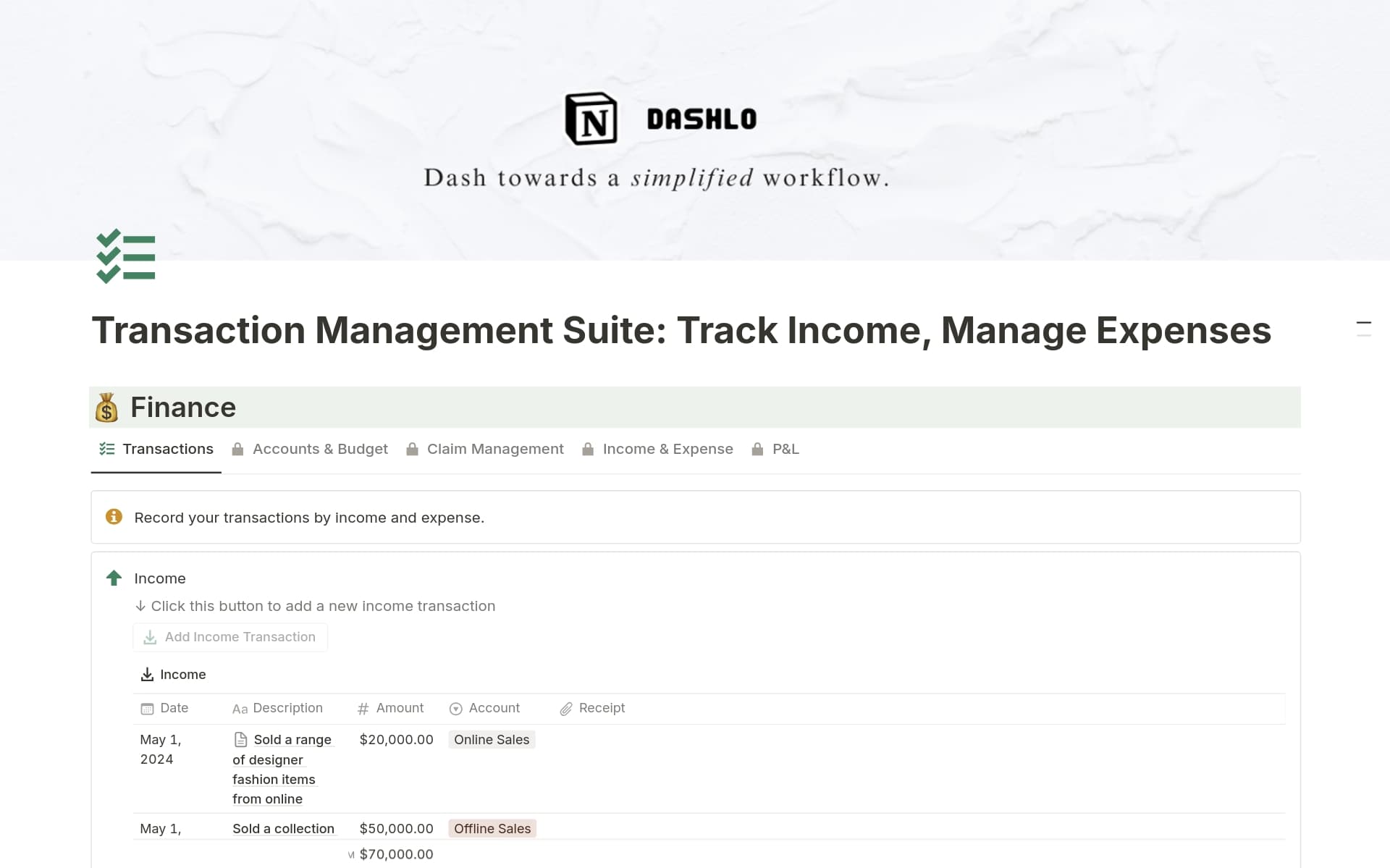 Transaction Management Suite Template by Dashlo | Notion Marketplace