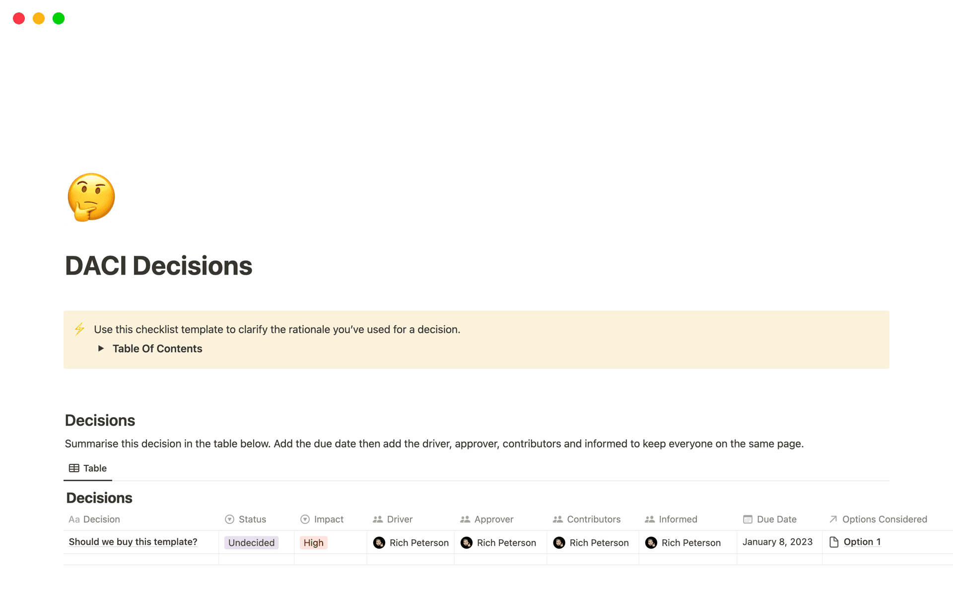 Streamline decision-making with this DACI-based template. Define the Driver, Approver, Contributors, and Informed parties to clarify roles and expectations. Perfect for documenting decisions and aligning teams on a clear path forward.