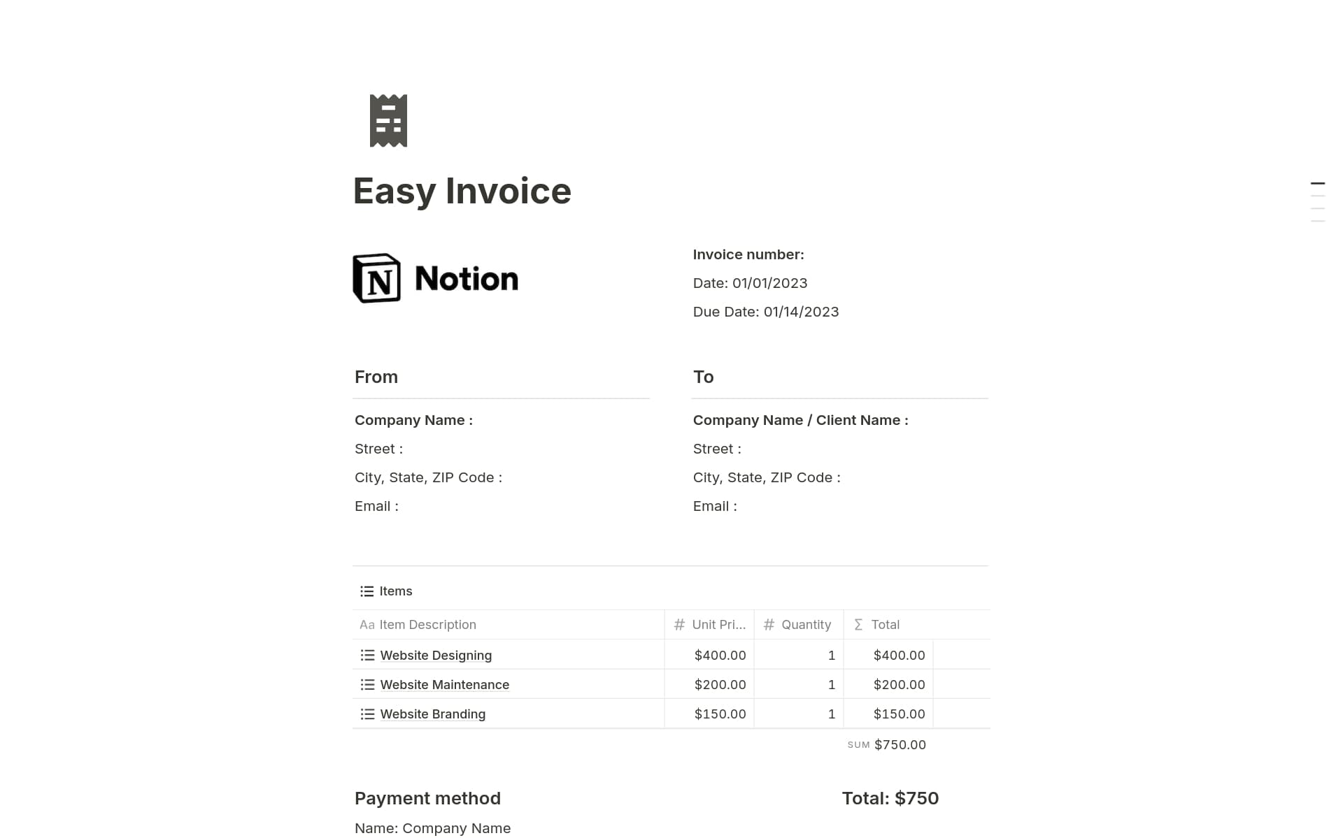 A template preview for Easy Invoice