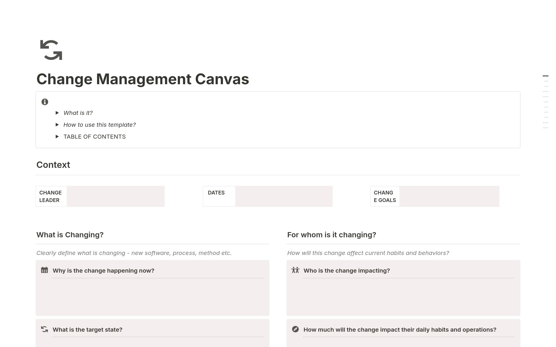 A template preview for Change Management Plan Canvas