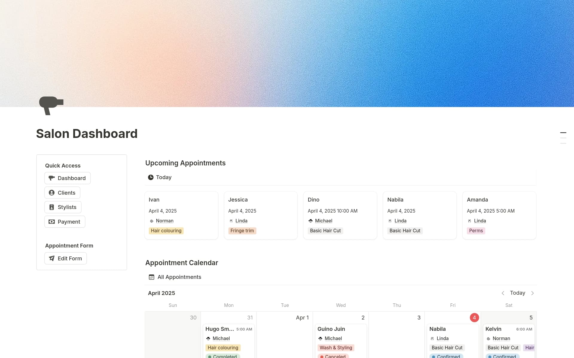 A template preview for Salon Appointment & Client Manager