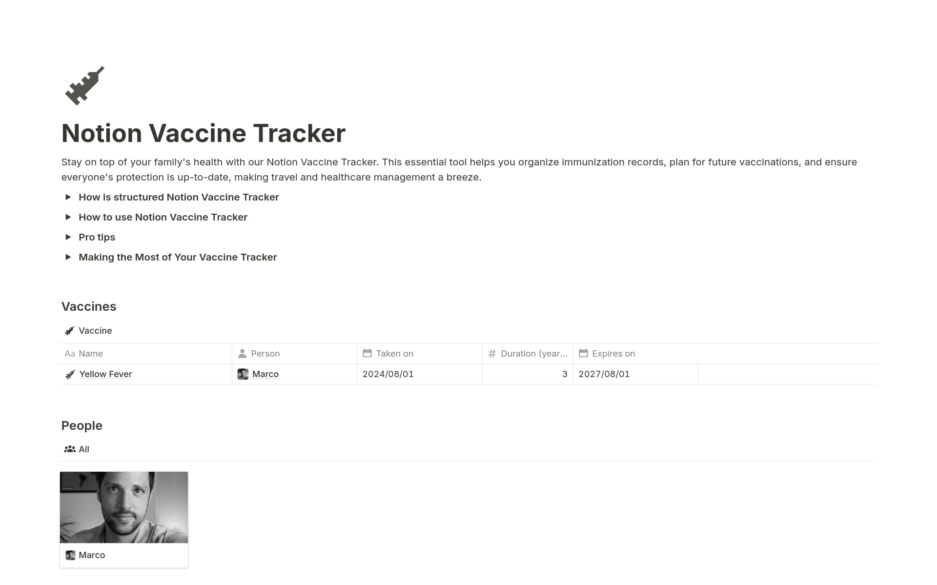 A template preview for Vaccine Tracker