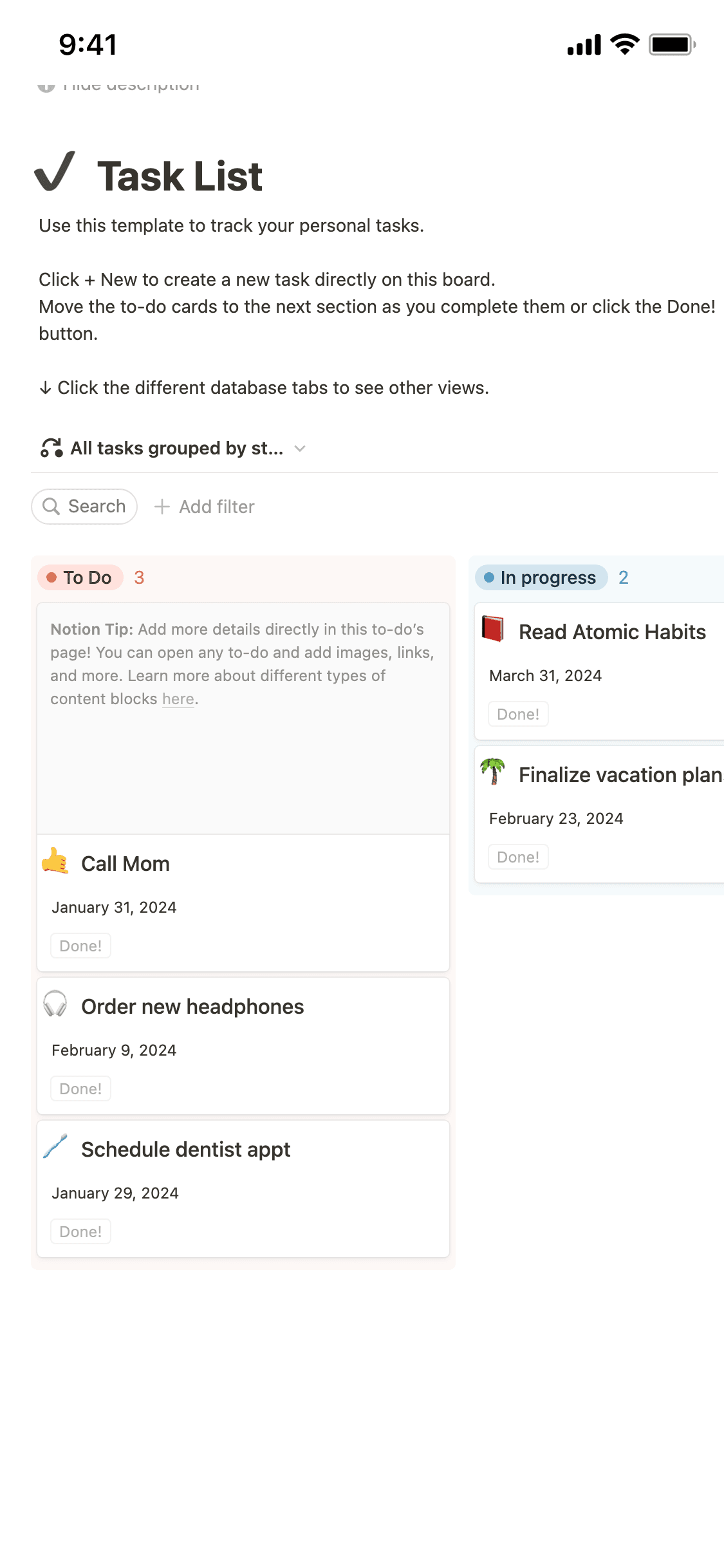 A screenshot of Notion's mobile app