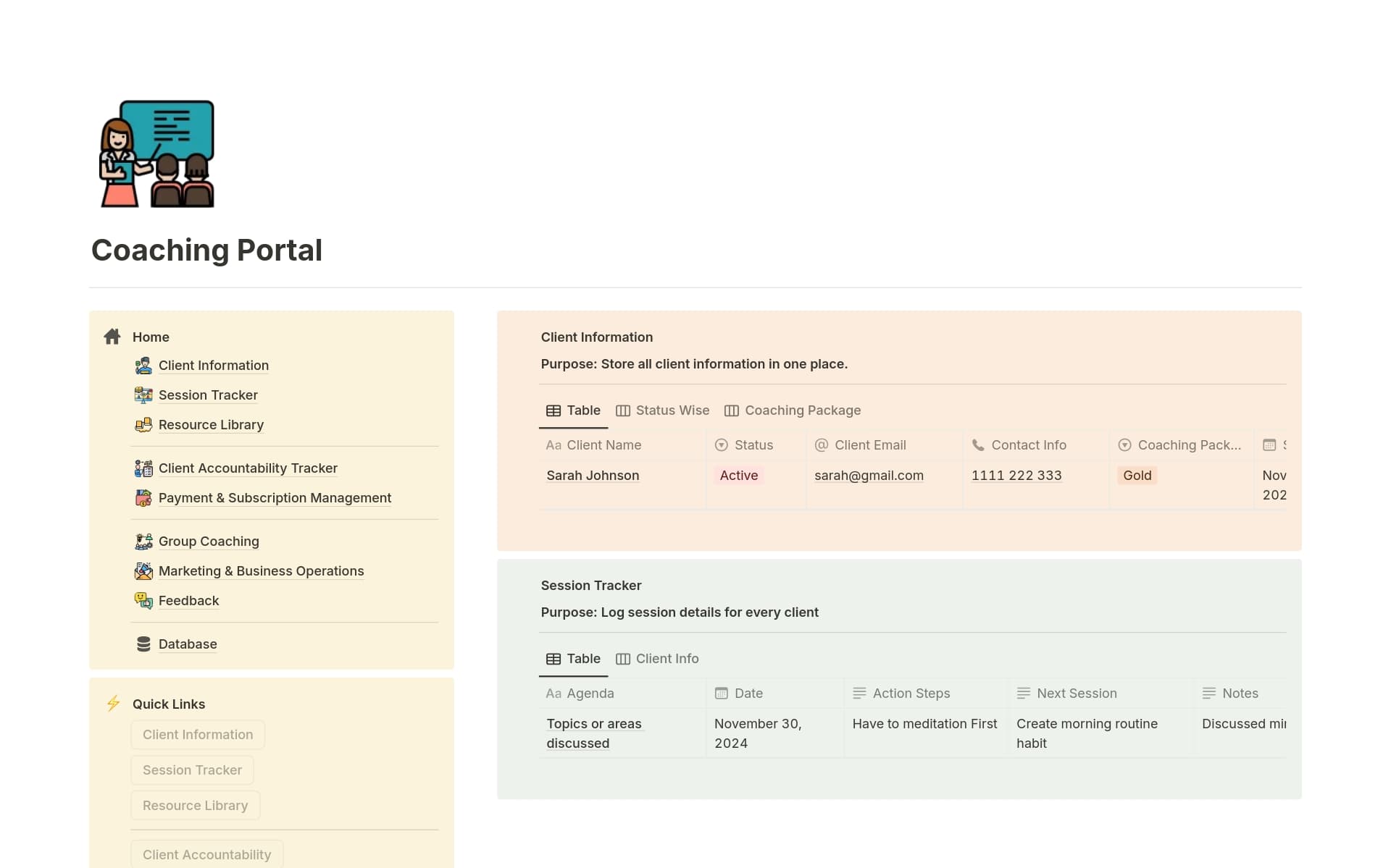 A template preview for Coaching Portal