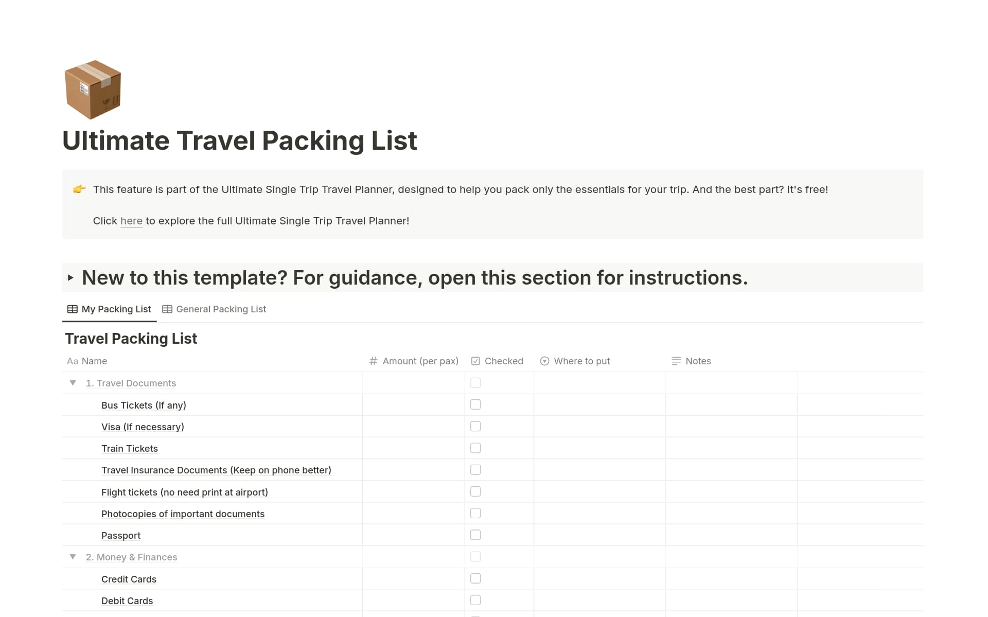 A template preview for Ultimate Travel Packing List
