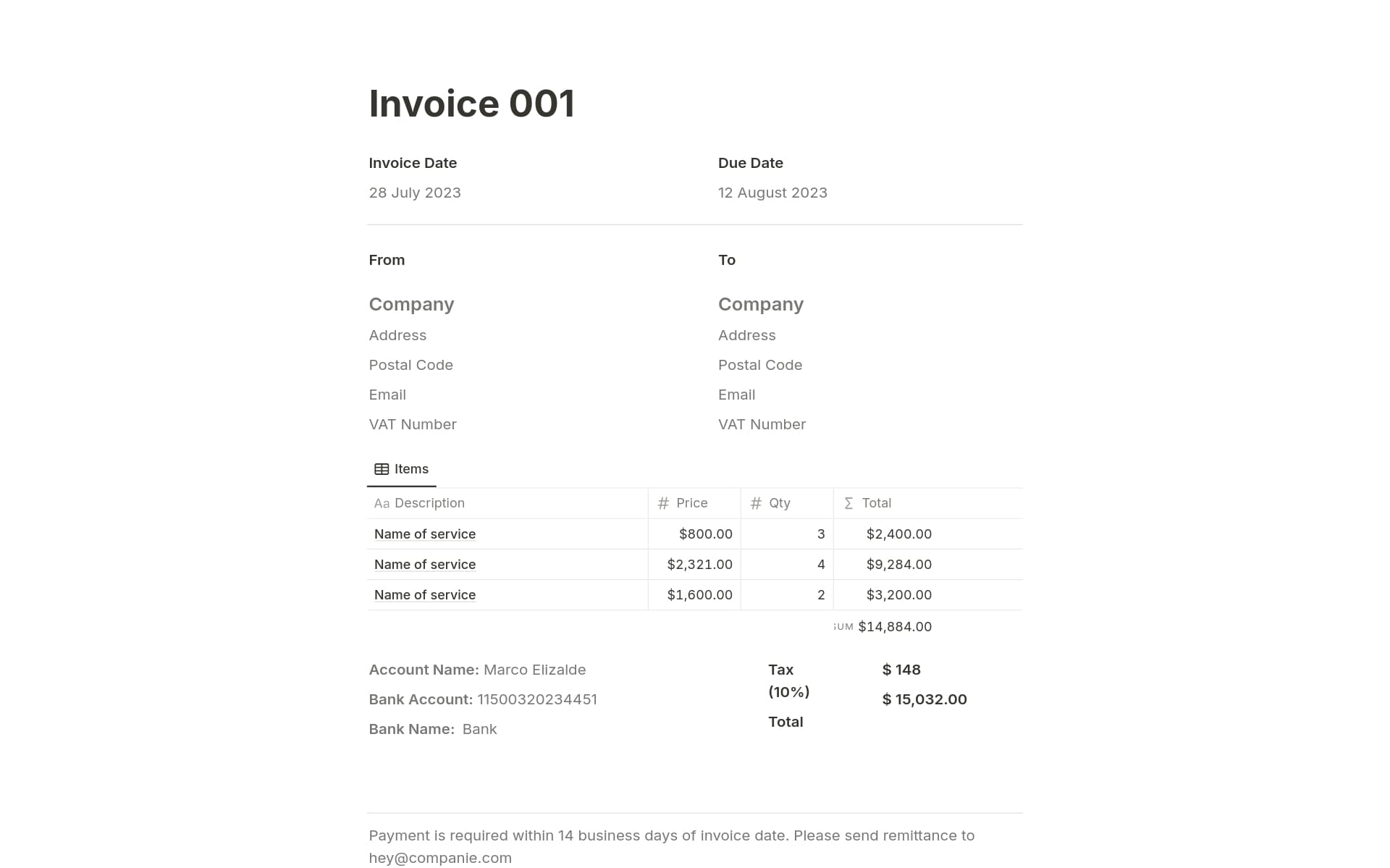 A template preview for Invoice
